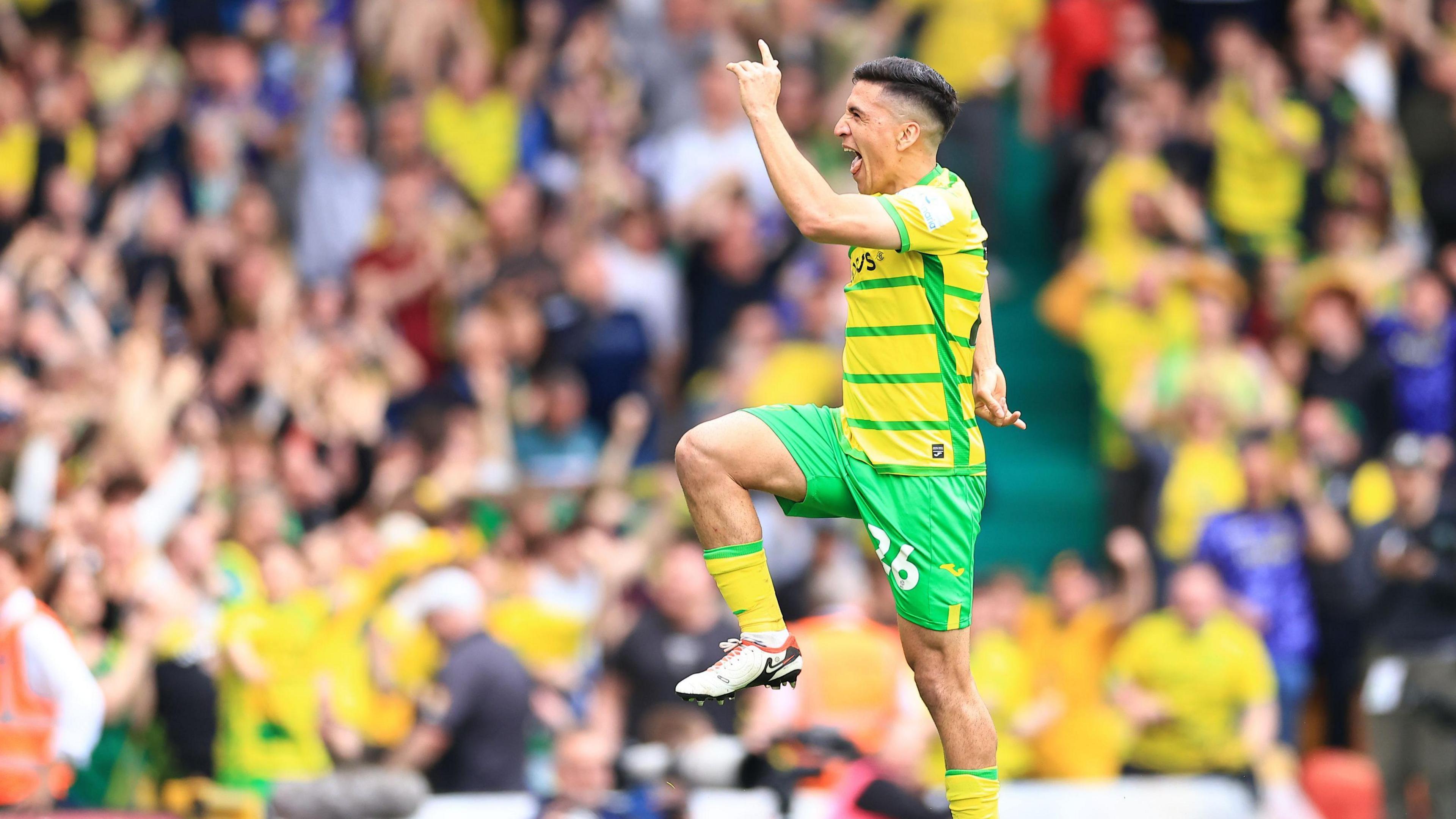 Marcelino Nunez celebrates his winner for Norwich against Ipswich