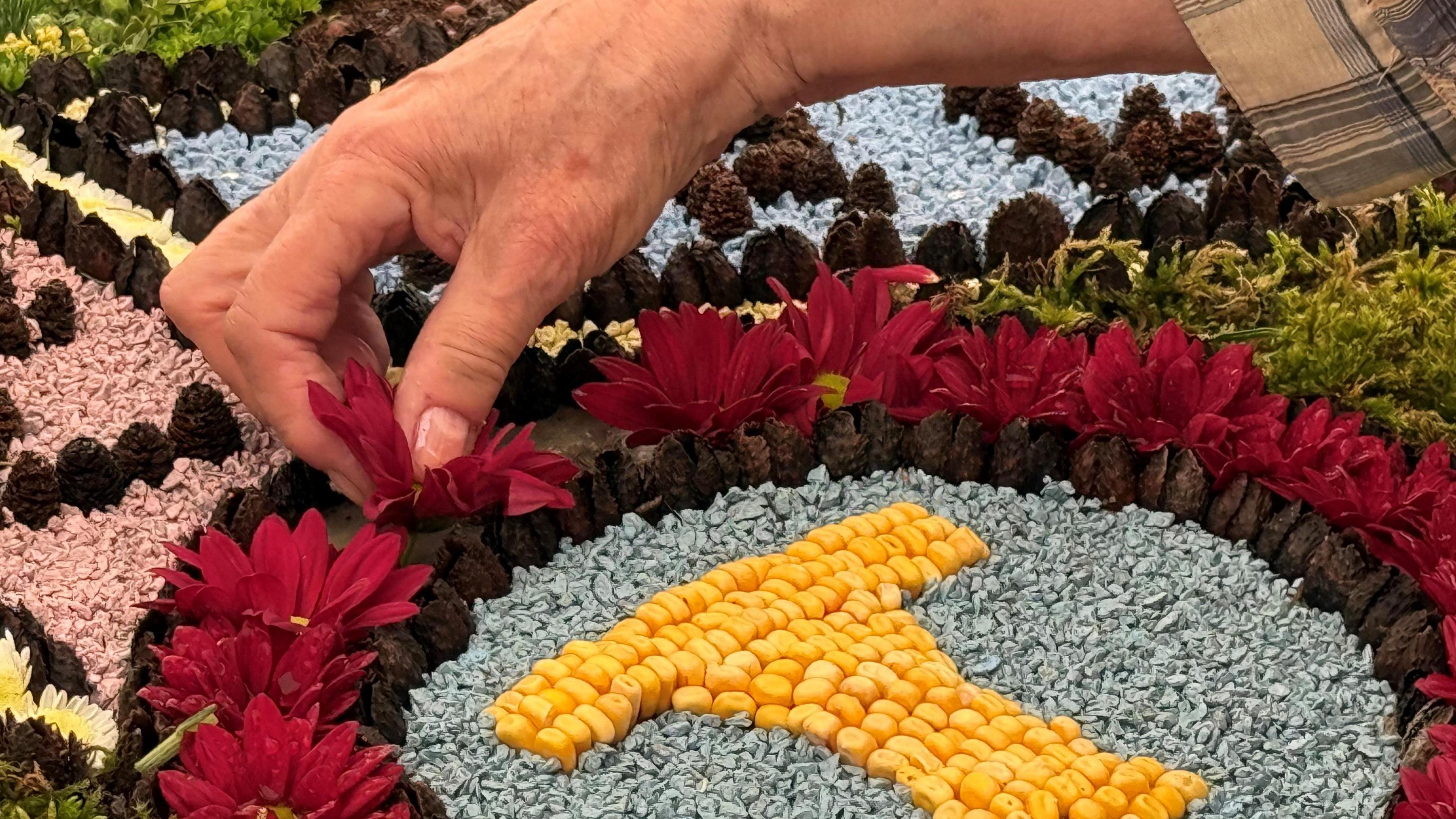 A hand is pressing a petal into a design on a wooden board. The board contains petals, sweetcorn, moss, painted rocks and beech nuts.