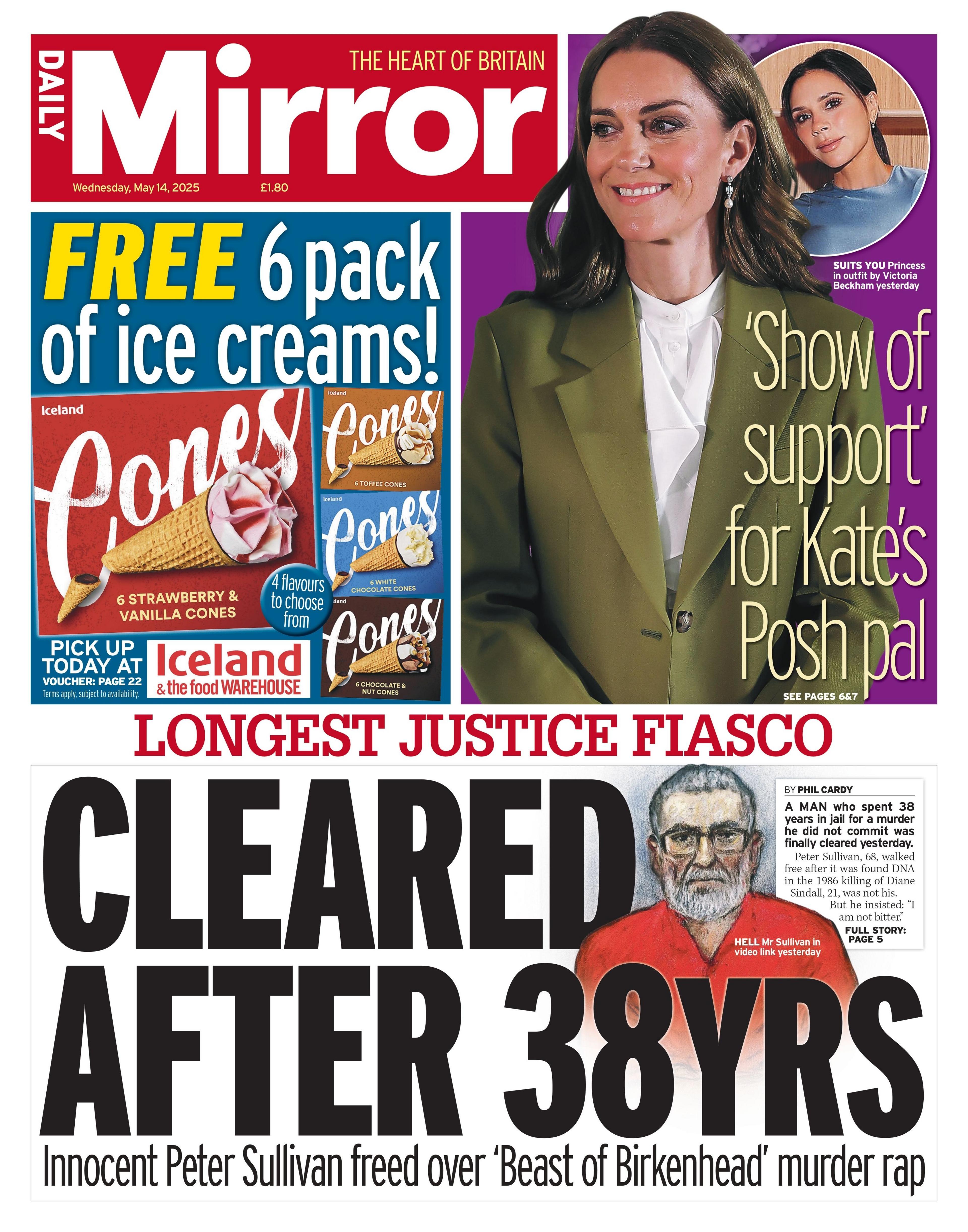 The headline on the front page of the Daily Mirror reads: "Cleared after 38yrs".