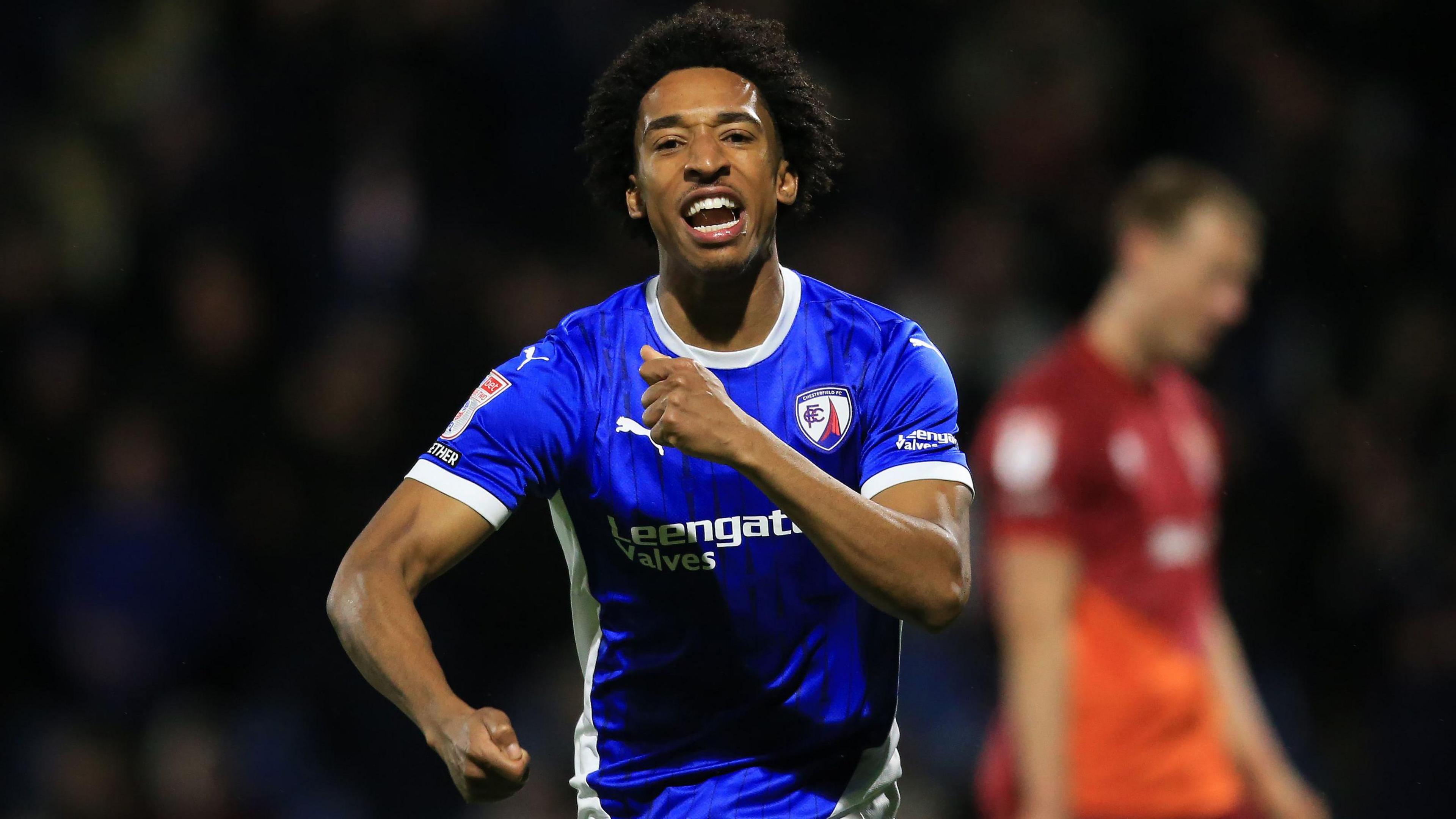 Kane Drummond celebrates scoring for Chesterfield against Tranmere