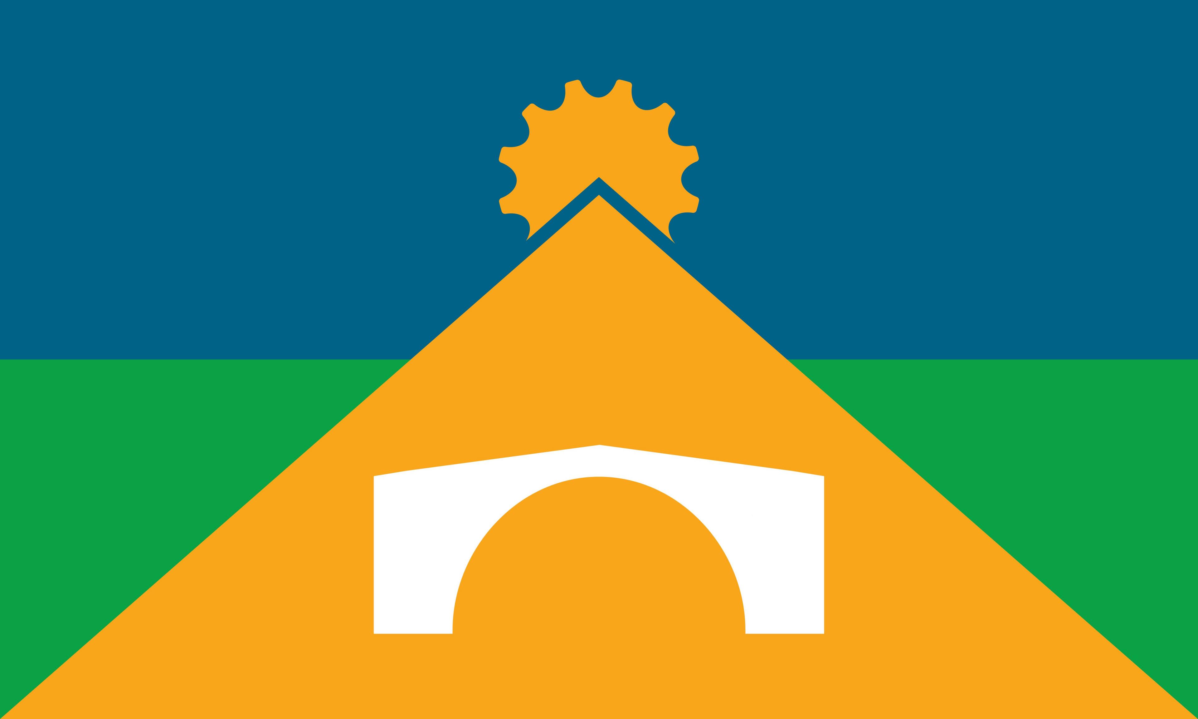 A flag which features a yellow triangle with a white Ironbridge at its centre. There is also a yellow cog on top of the triangle. The background comprises a blue top half and a green bottom half.