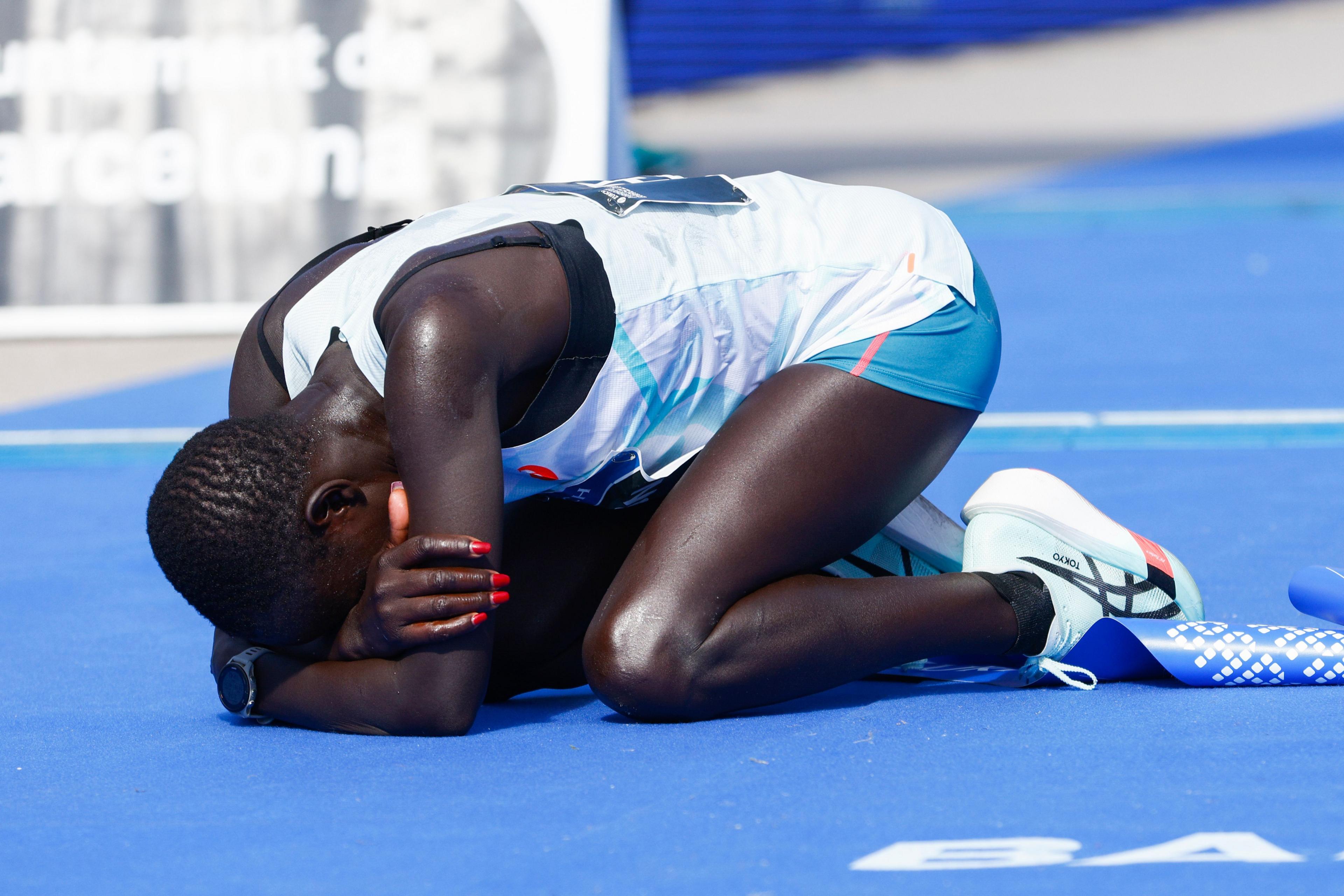 Sharon Chelimo of Kenya celebrates after winning the women's race at the 2025 Barcelona Marathon in Barcelona, Spain, 16 March 2025.
