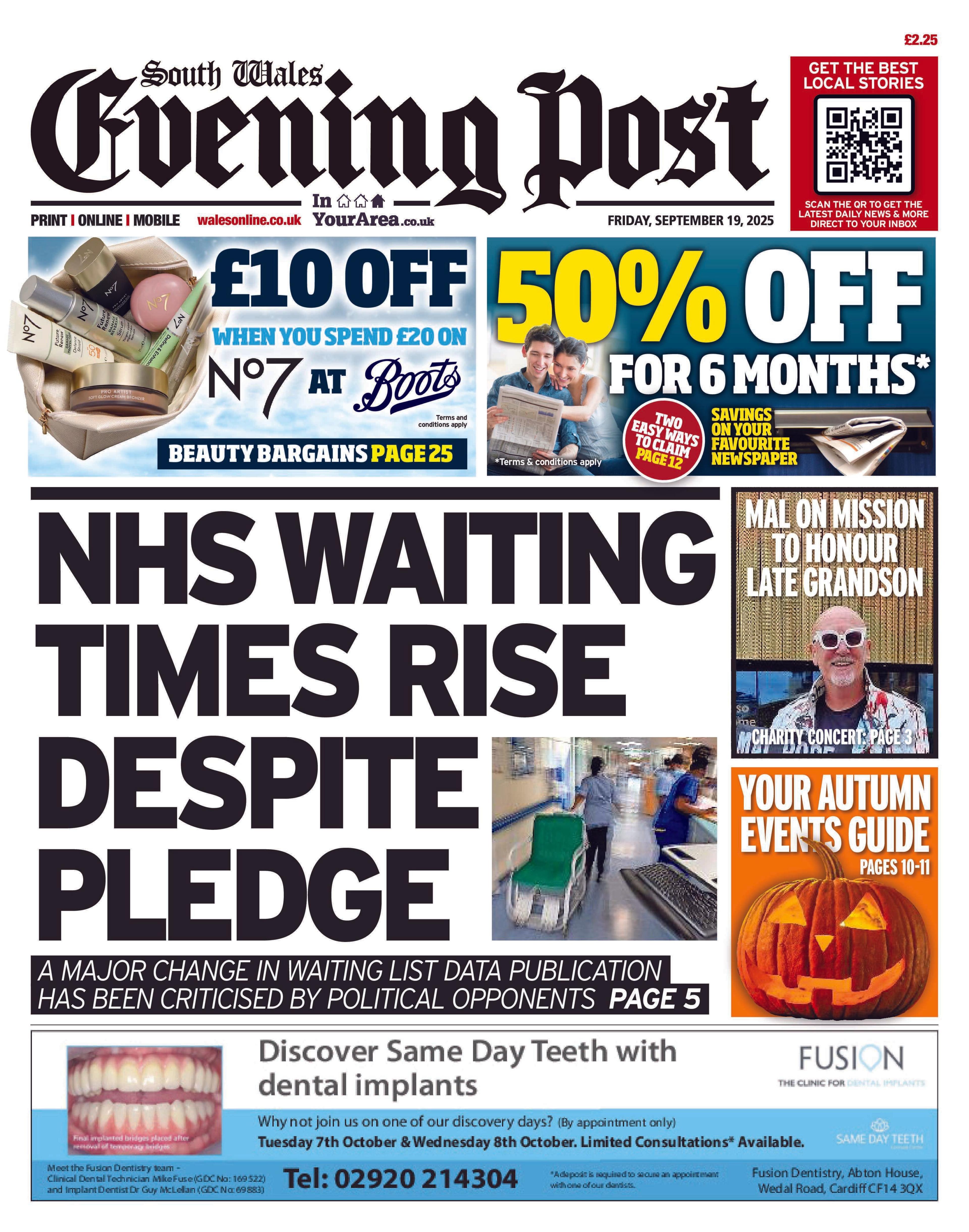 South Wales Evening Post newspaper front page shows main headline next to a photo of hospital ward. NHS Waiting times rise despite pledge; A major change in waiting list data publication has been criticised by politcal opponents. Page 5. Other headlines on the front page are: Mal on Mission to honour late grandson. 