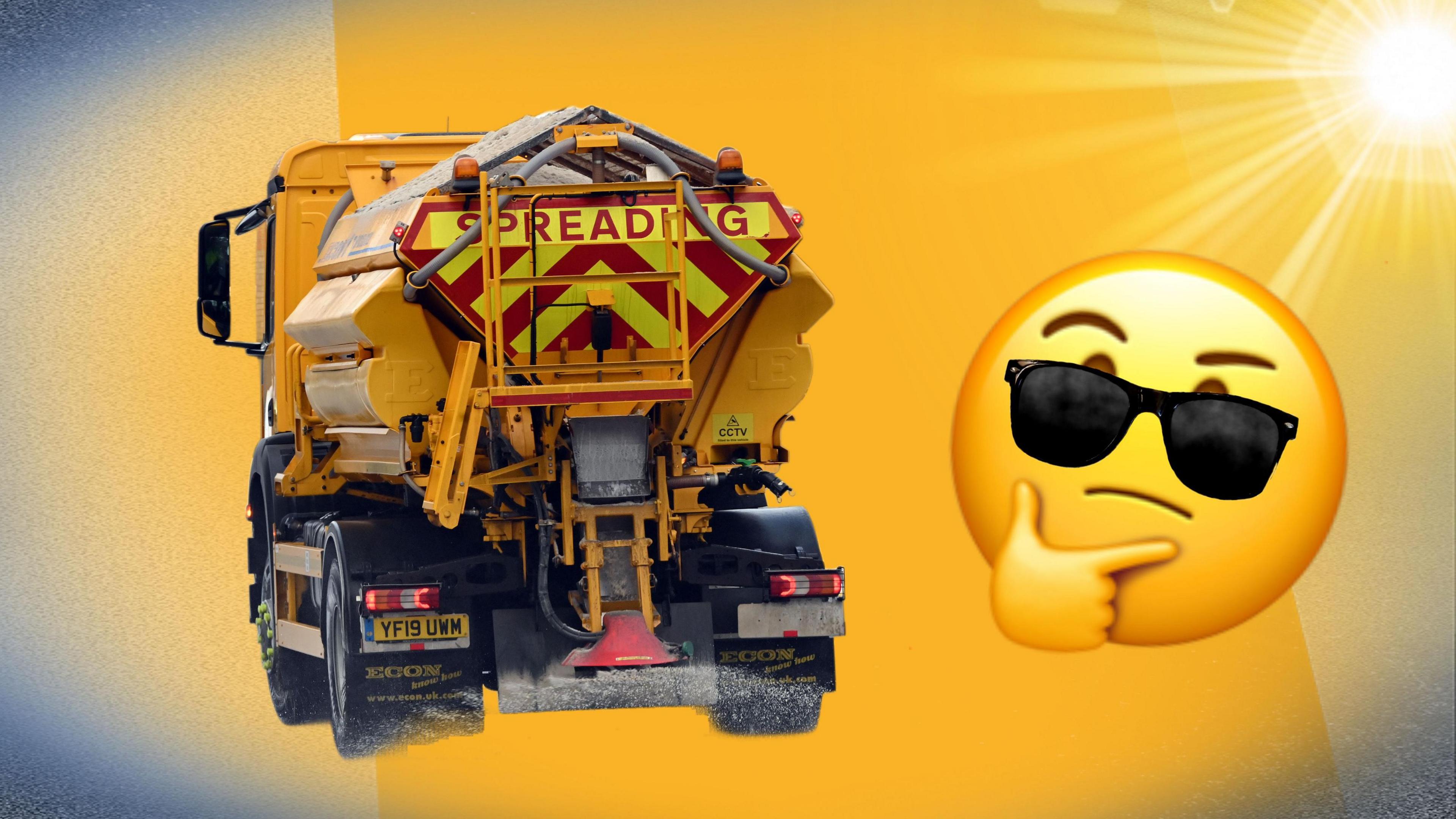 A gritter a bright sun and emoji thinking face wearing sunglasses.