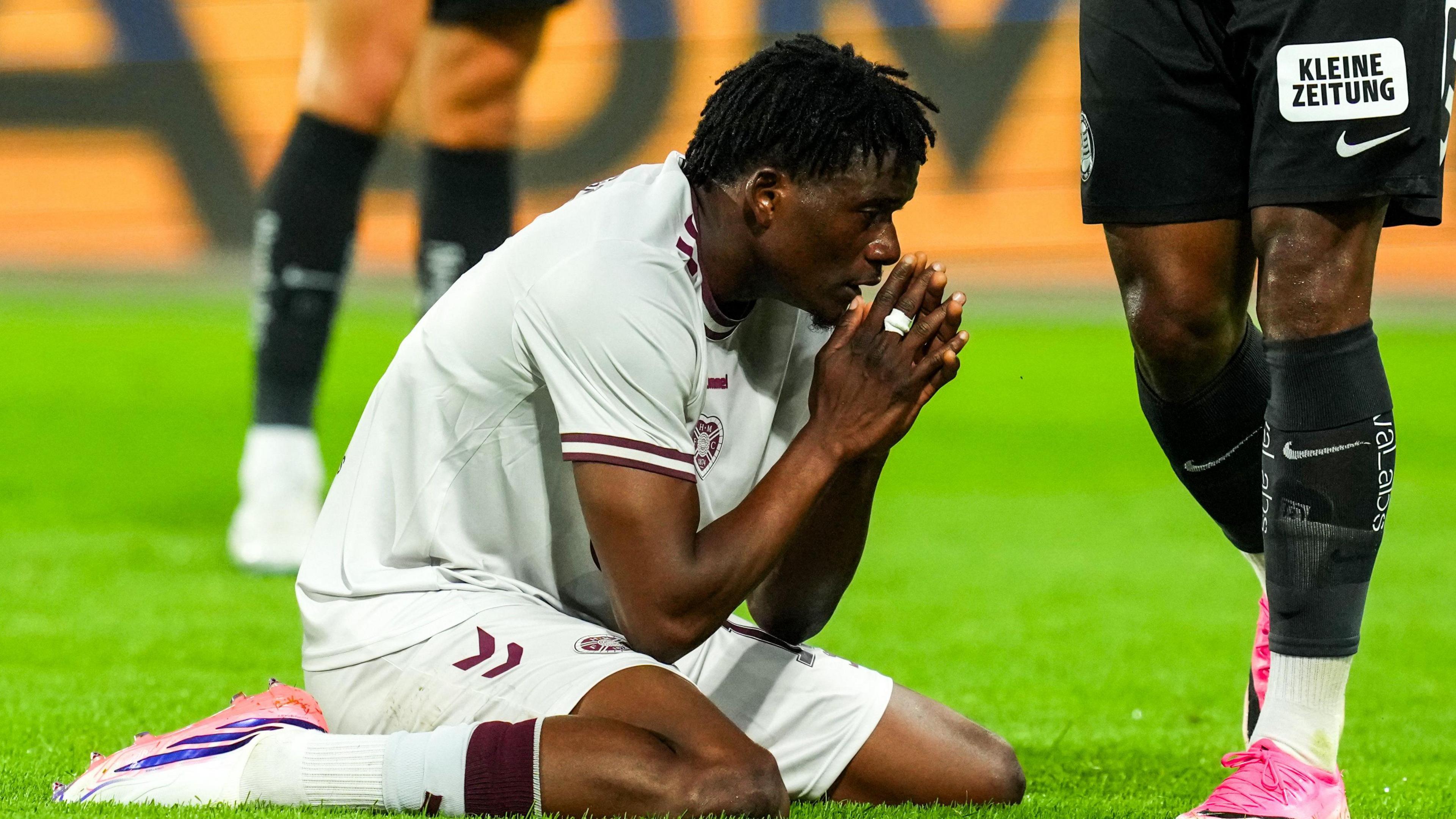 Pierre Landry Kabore looks exasperated after missing a chance v Sturm Graz