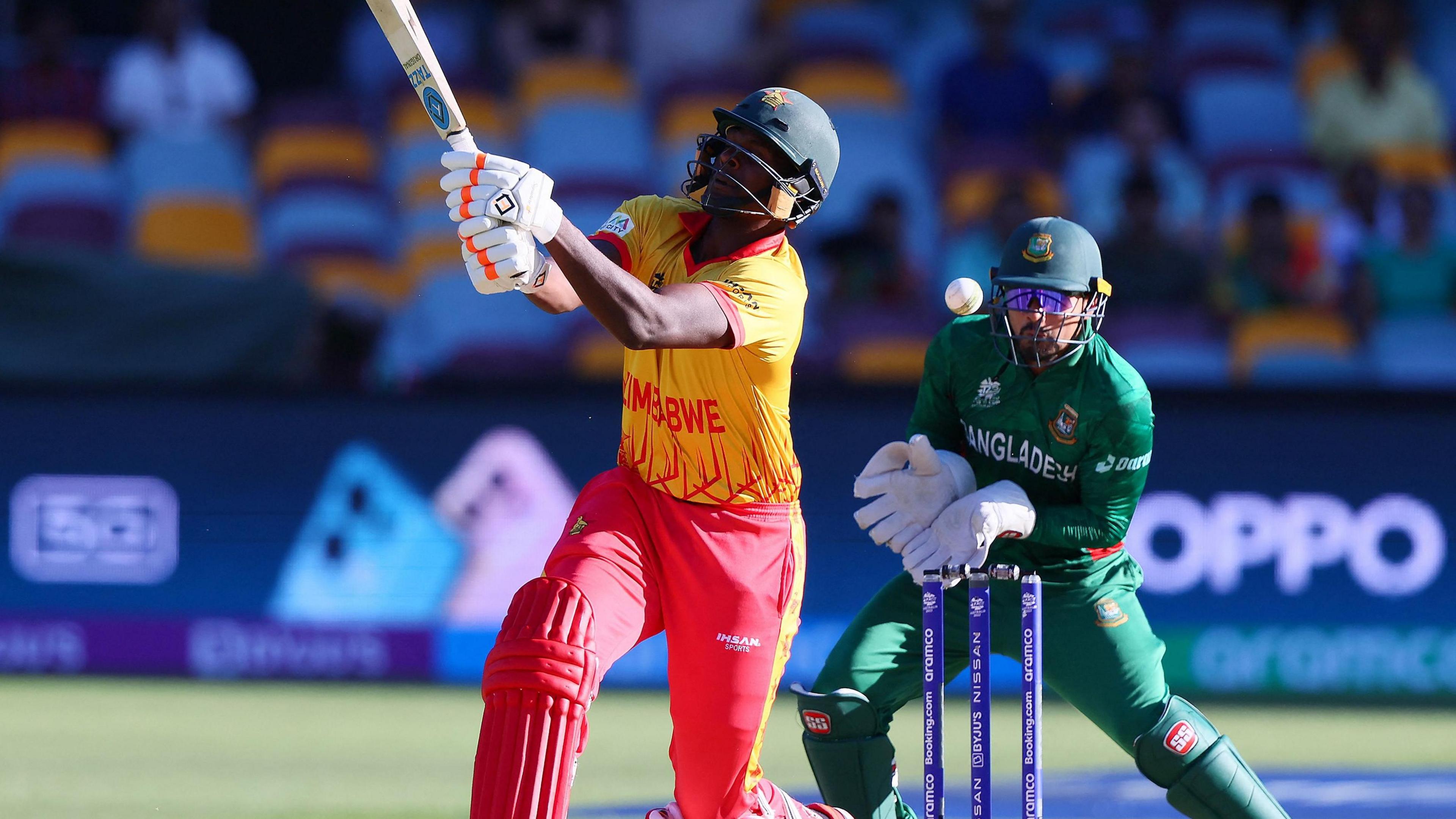 Zimbabwe's RIchard Ngarava hits out against Bangladesh at the 2022 T20 World Cup