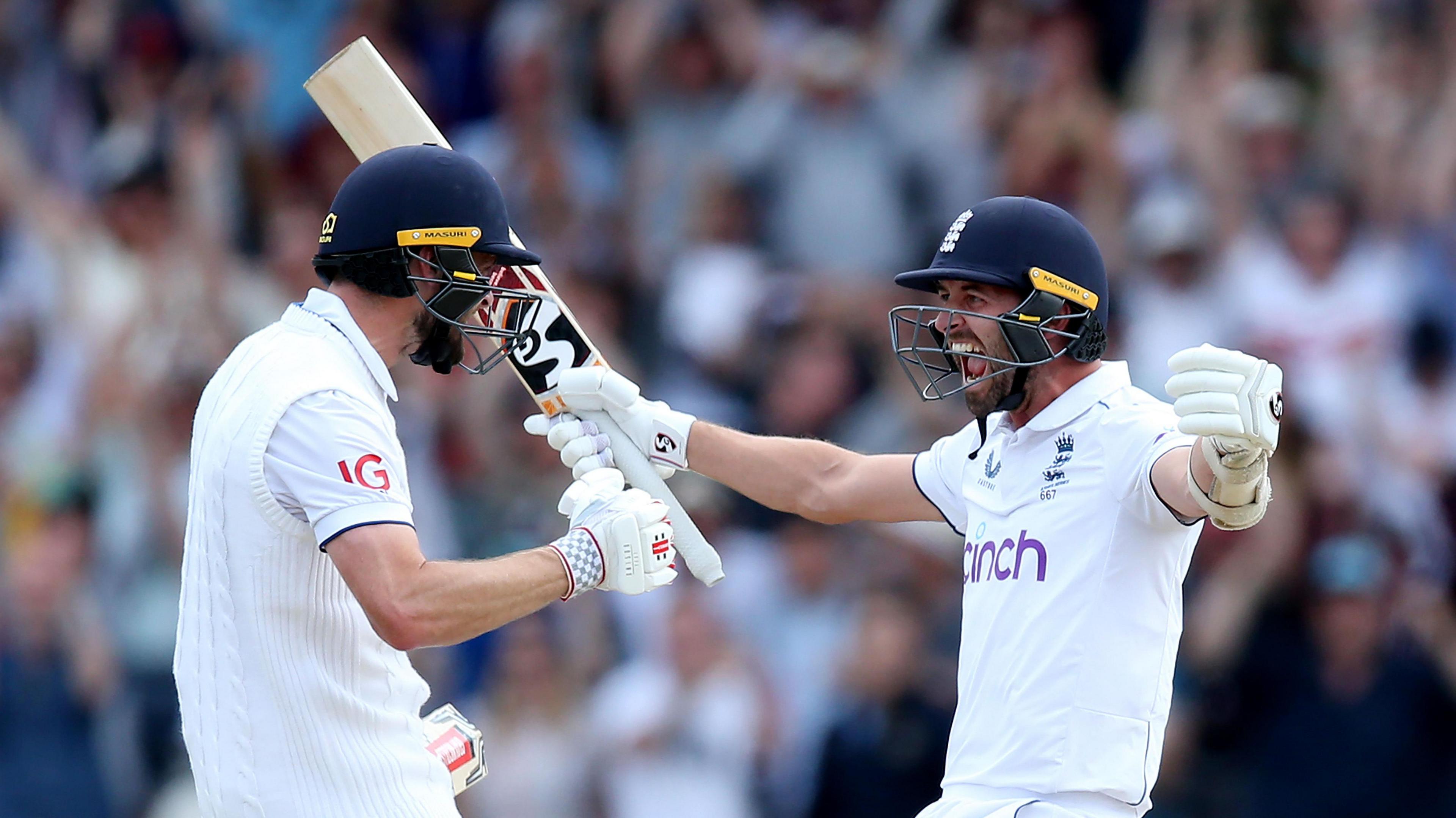 Chris Woakes (left) and Mark Wood celebrate winning an Ashes Test at Headingley in 2023