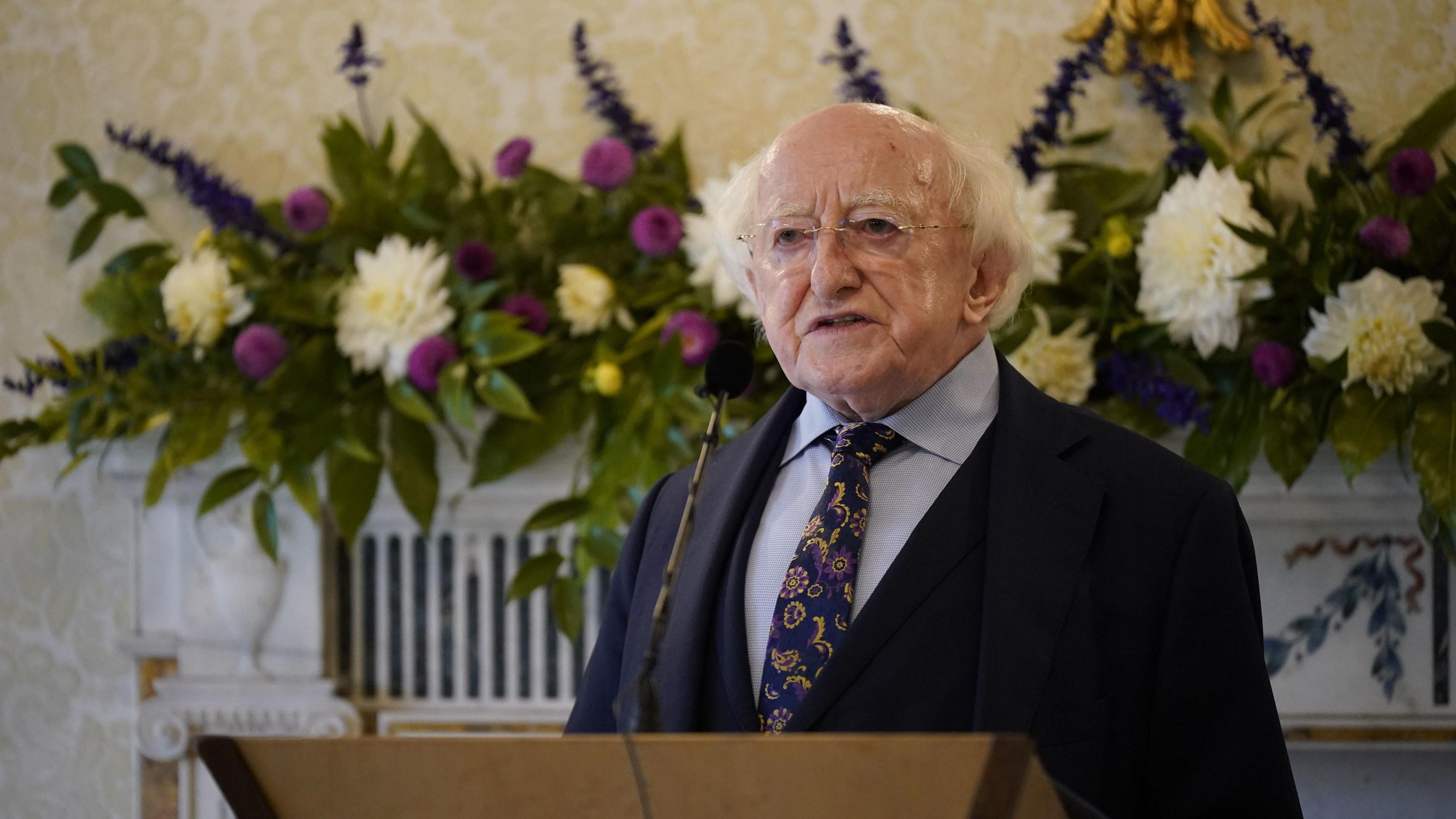 President of Ireland, Michael D Higgins, standing in front of a mic wearing glasses, a navy suit, light blue shirt and patterned blue and gold tie.