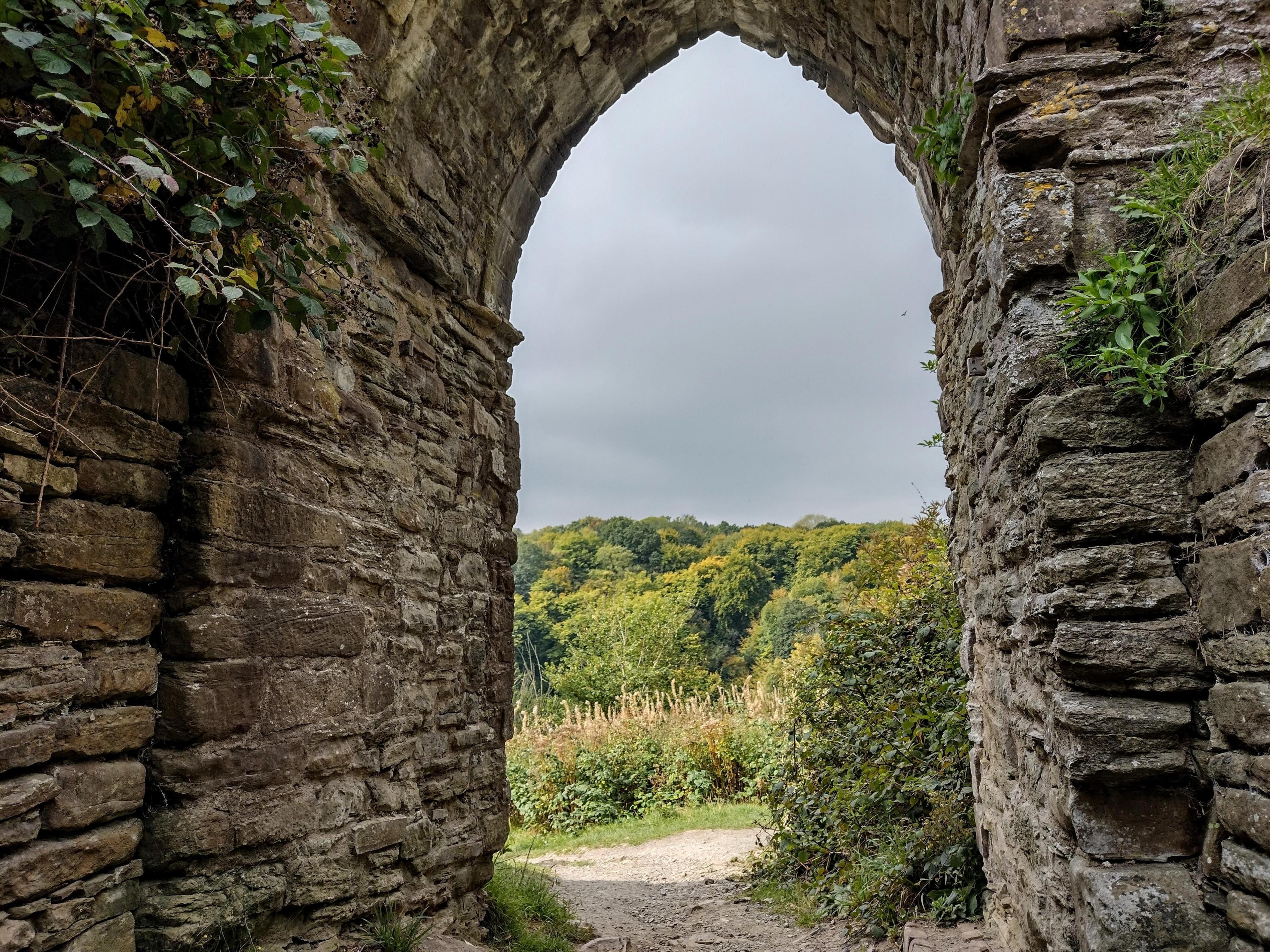 A view of overcast skies above trees which is seen through a stone archway