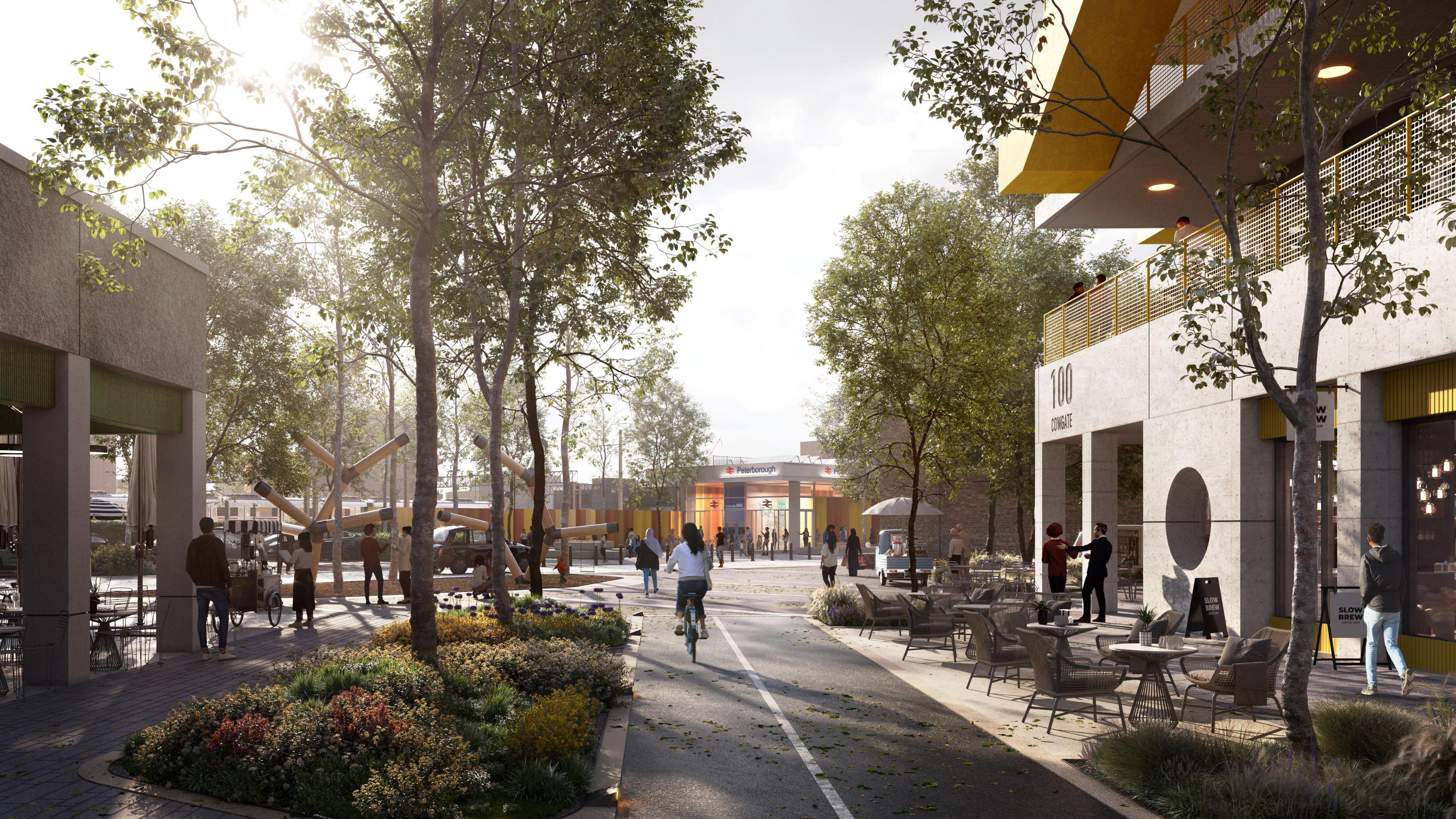 Graphic of the eastern entrance to Peterborough station, where there are chairs and tables, trees and a cyclist using a path.