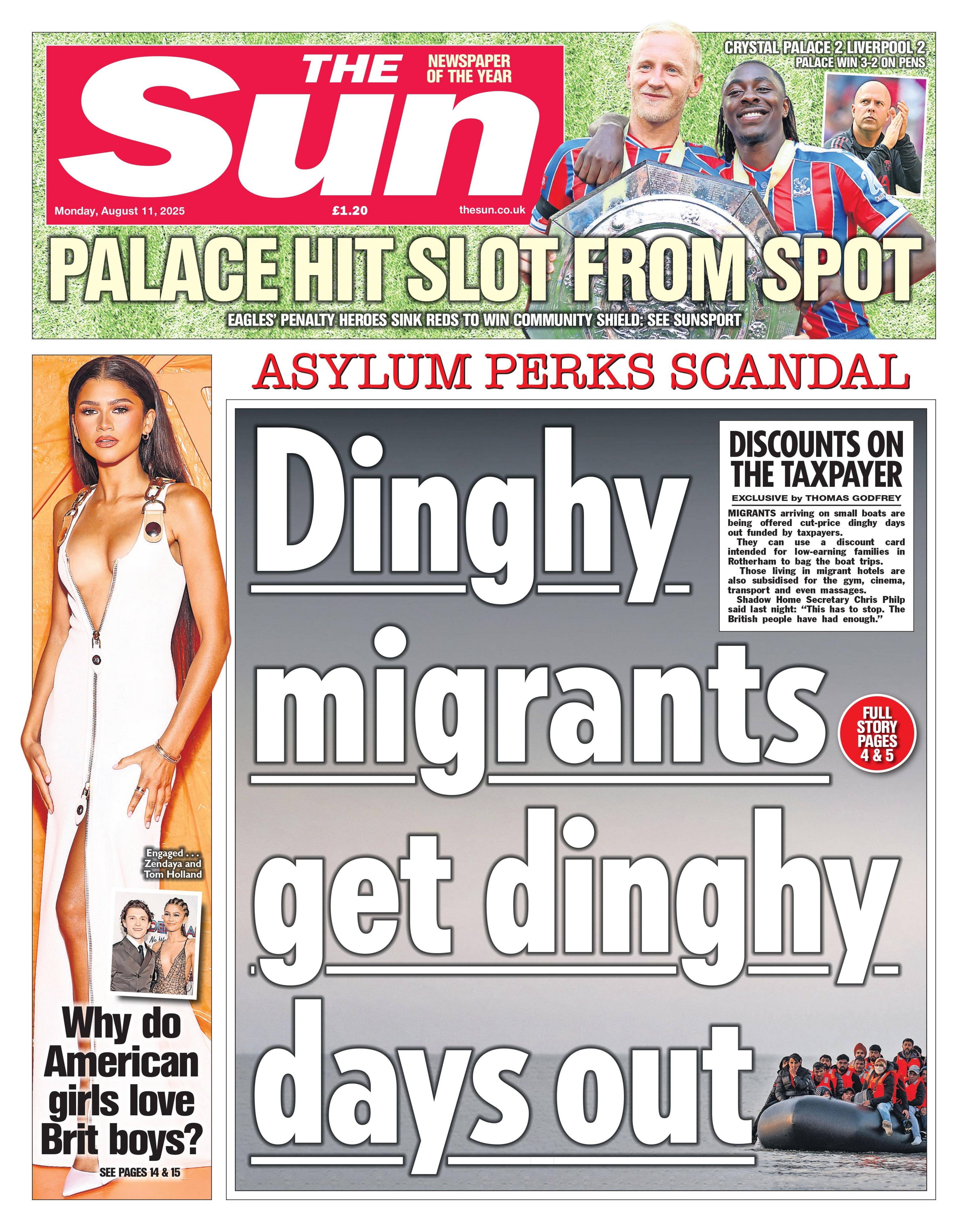 The headline on the front page of the Sun reads: "Dinghy migrants get dinghy days out".