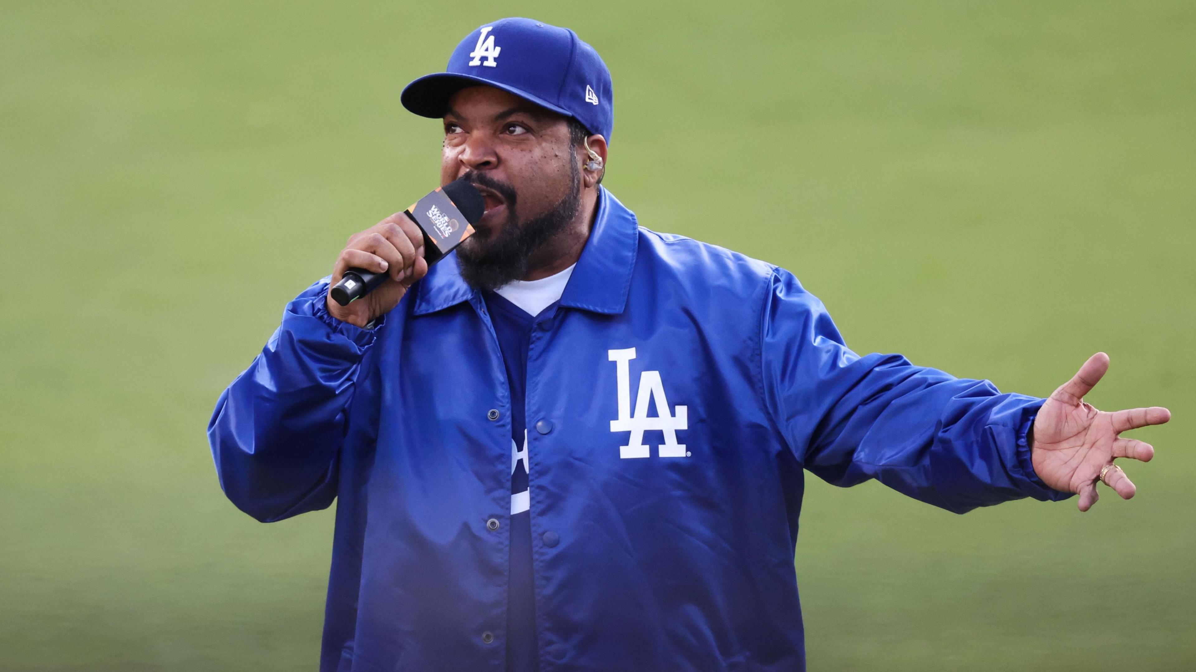 Rapper Ice Cube performs on the field at Dodger Stadium