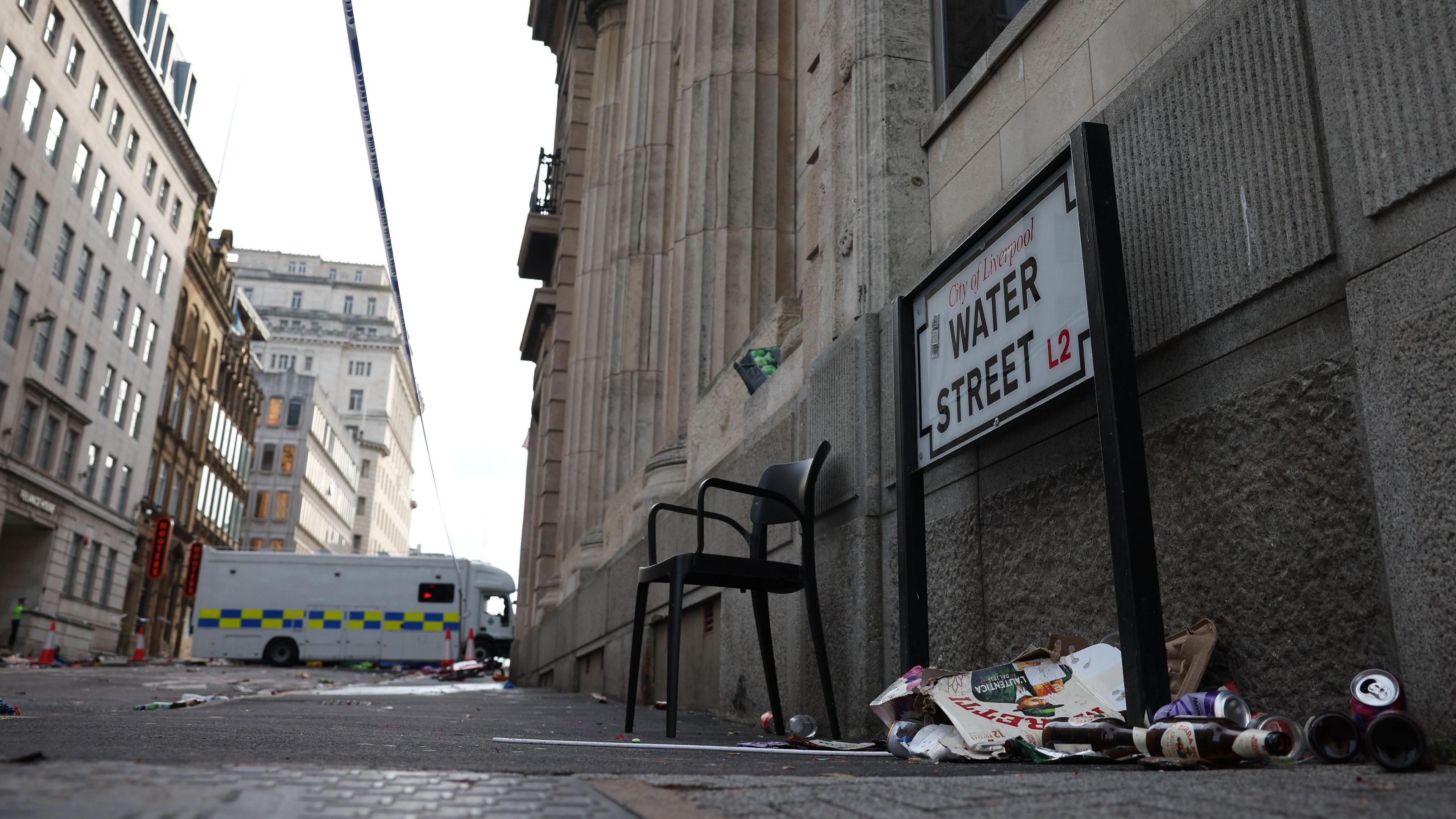 A sign for Water Street above a pile of litter with a police vehicle seen at the end of the street.