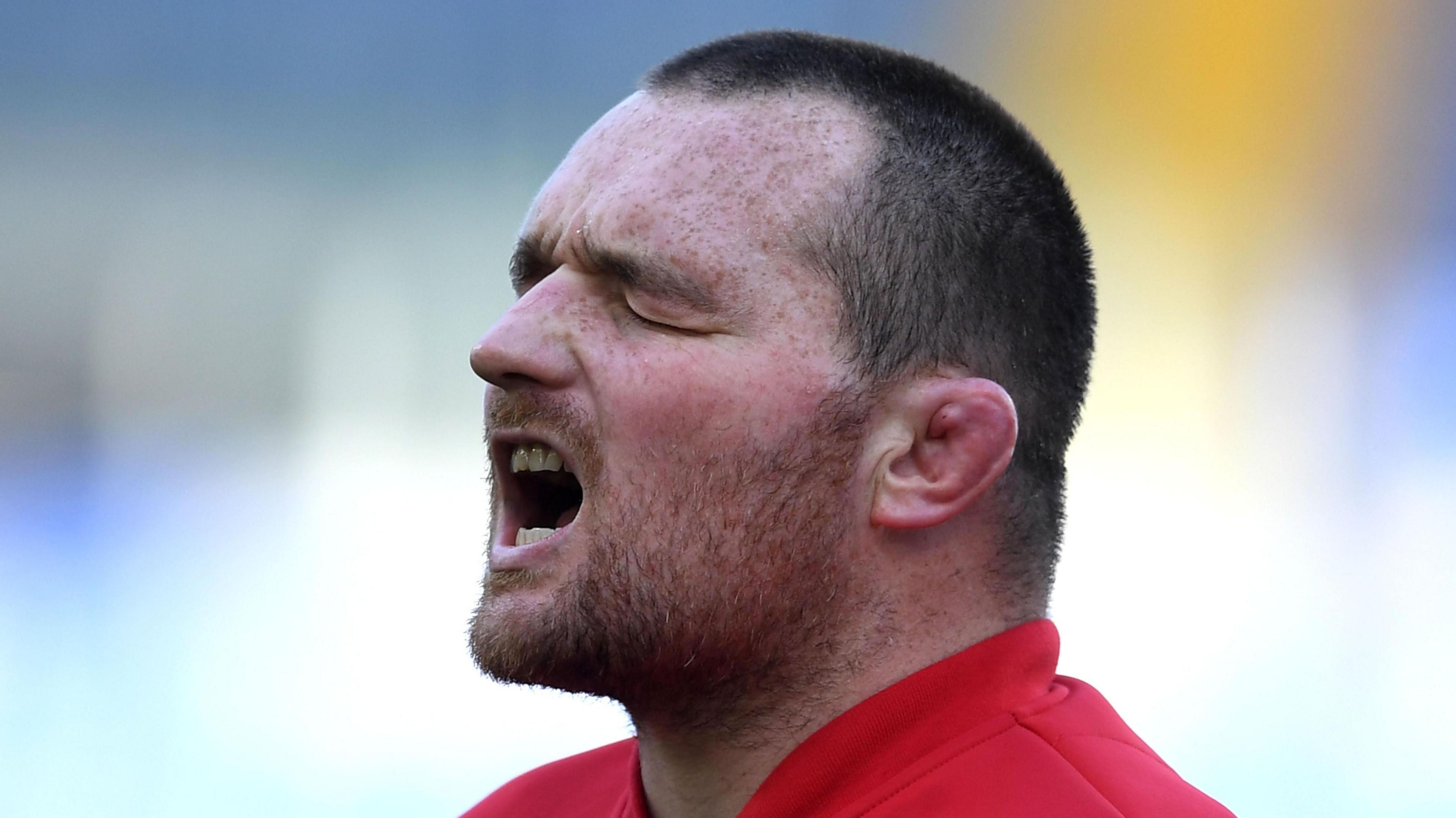 Ken Owens singing the Wales national anthem