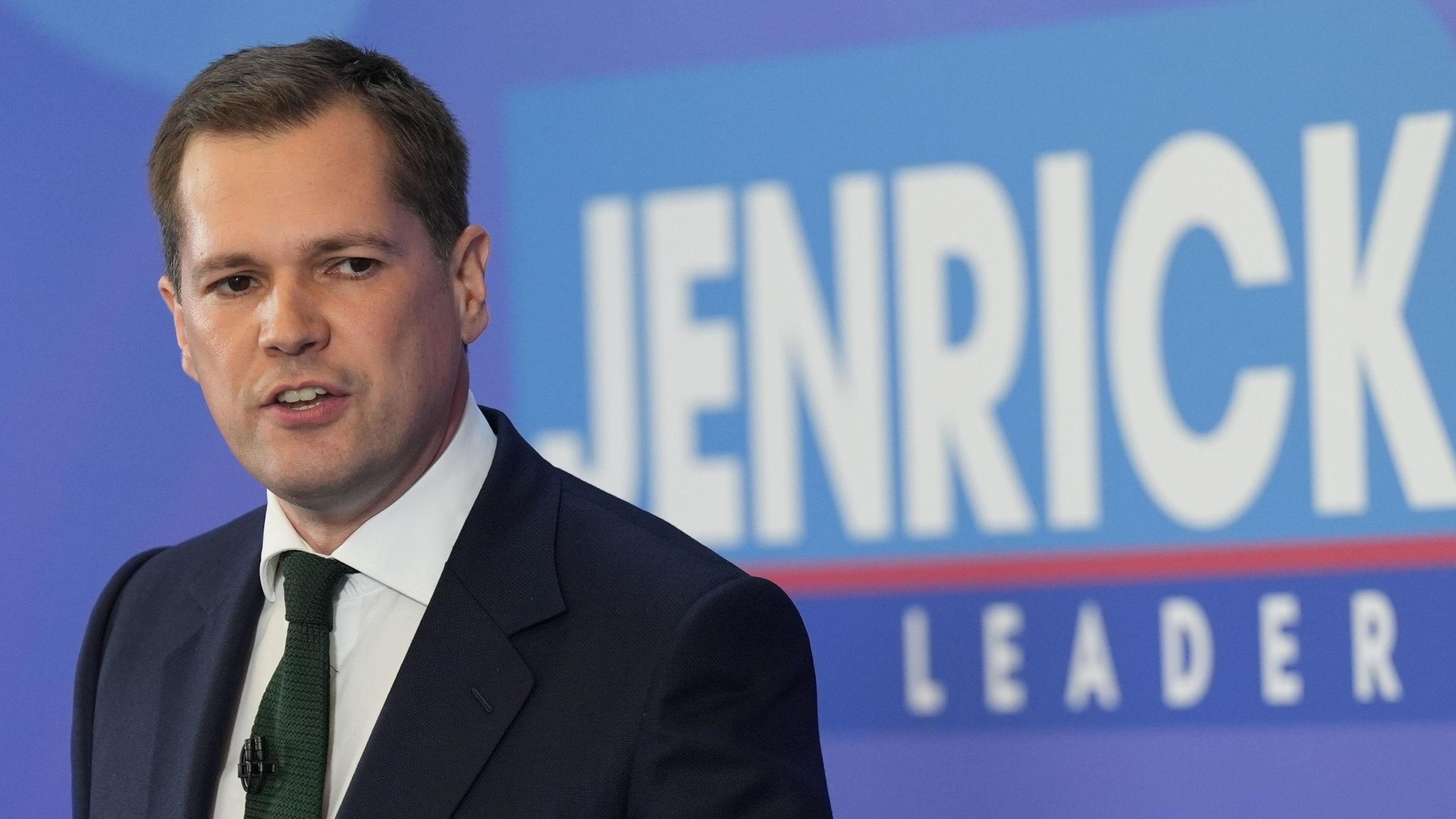 Tory leadership hopeful Robert Jenrick speaks to supporters as he stands in front of a sign saying "Jenrick for leader" during his Conservative Party leadership campaign launch at the YMCA Community and Activity Village, in Newark