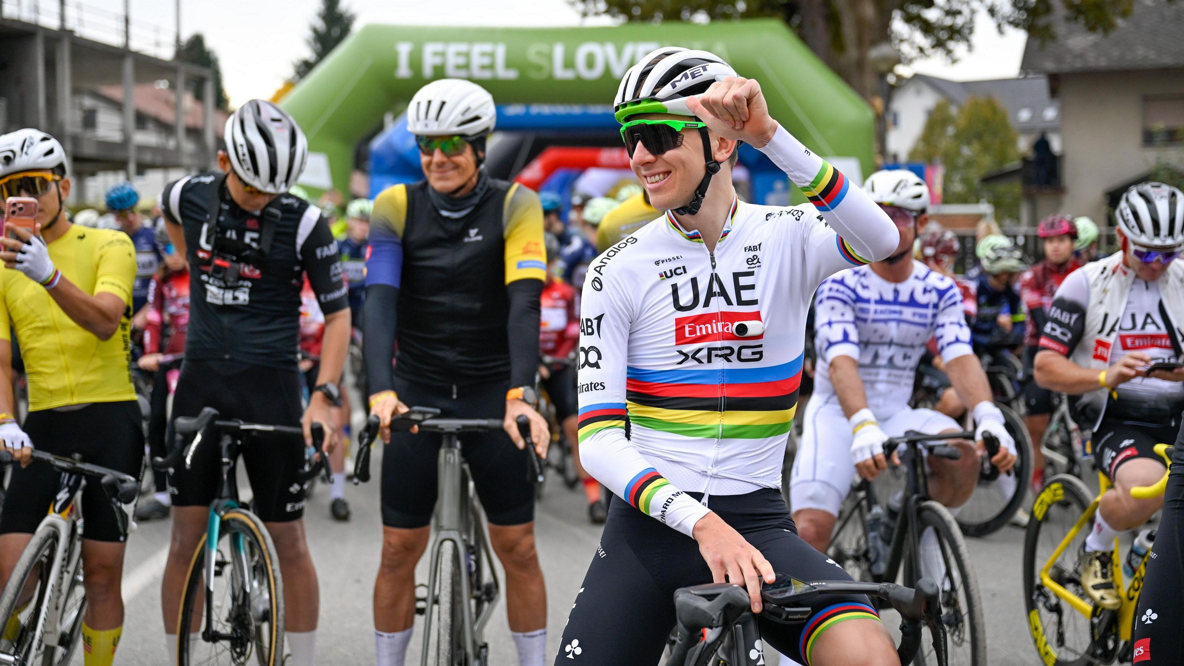 Tadej Pogacar on his bike on the startline with the amateurs