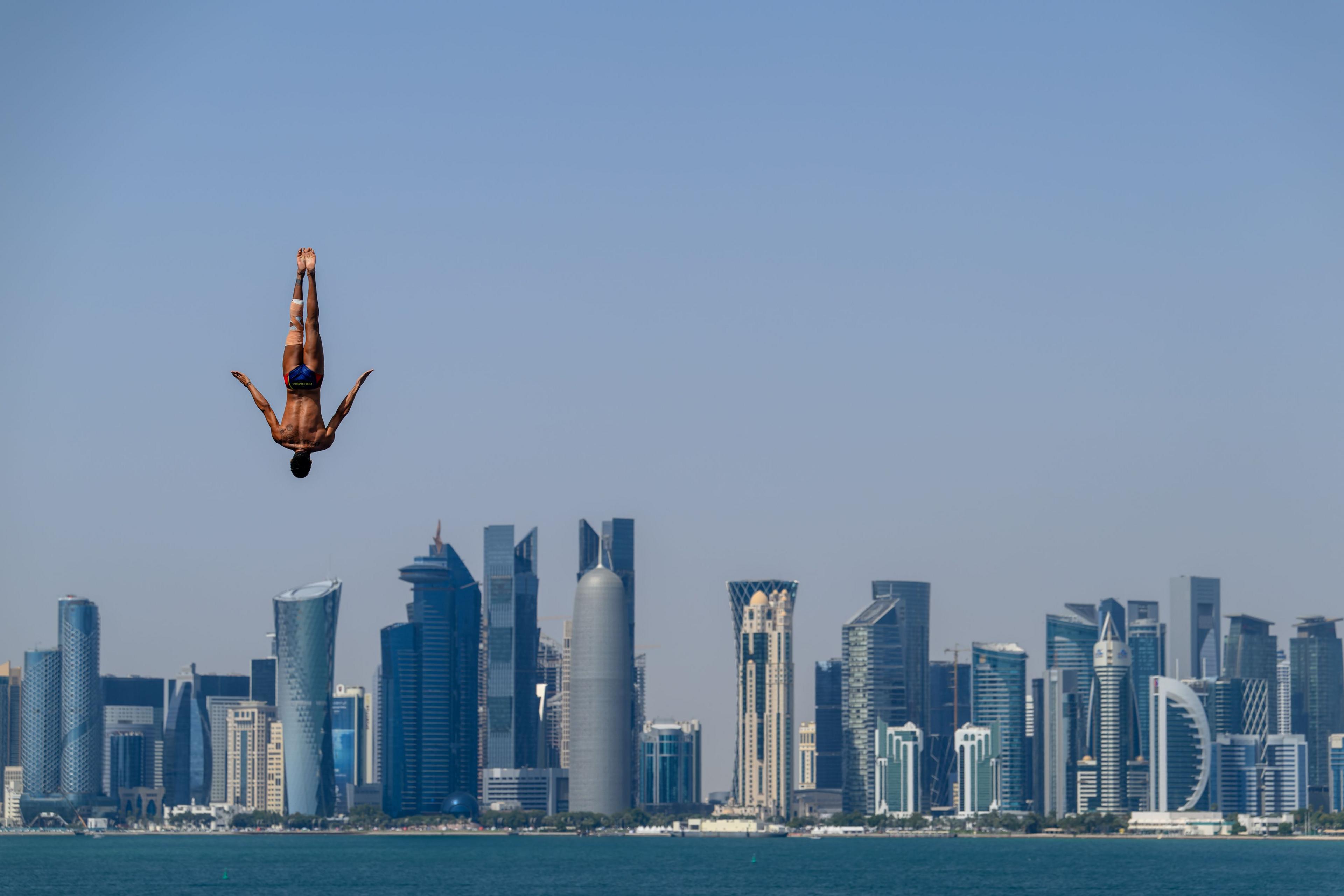 Men 27m High Diving Final, Juan Manual Gil from Colombia on his way down during the Mens 27m High Diving Final at the 2024 World Aquatics Championship, Doha, Qatar