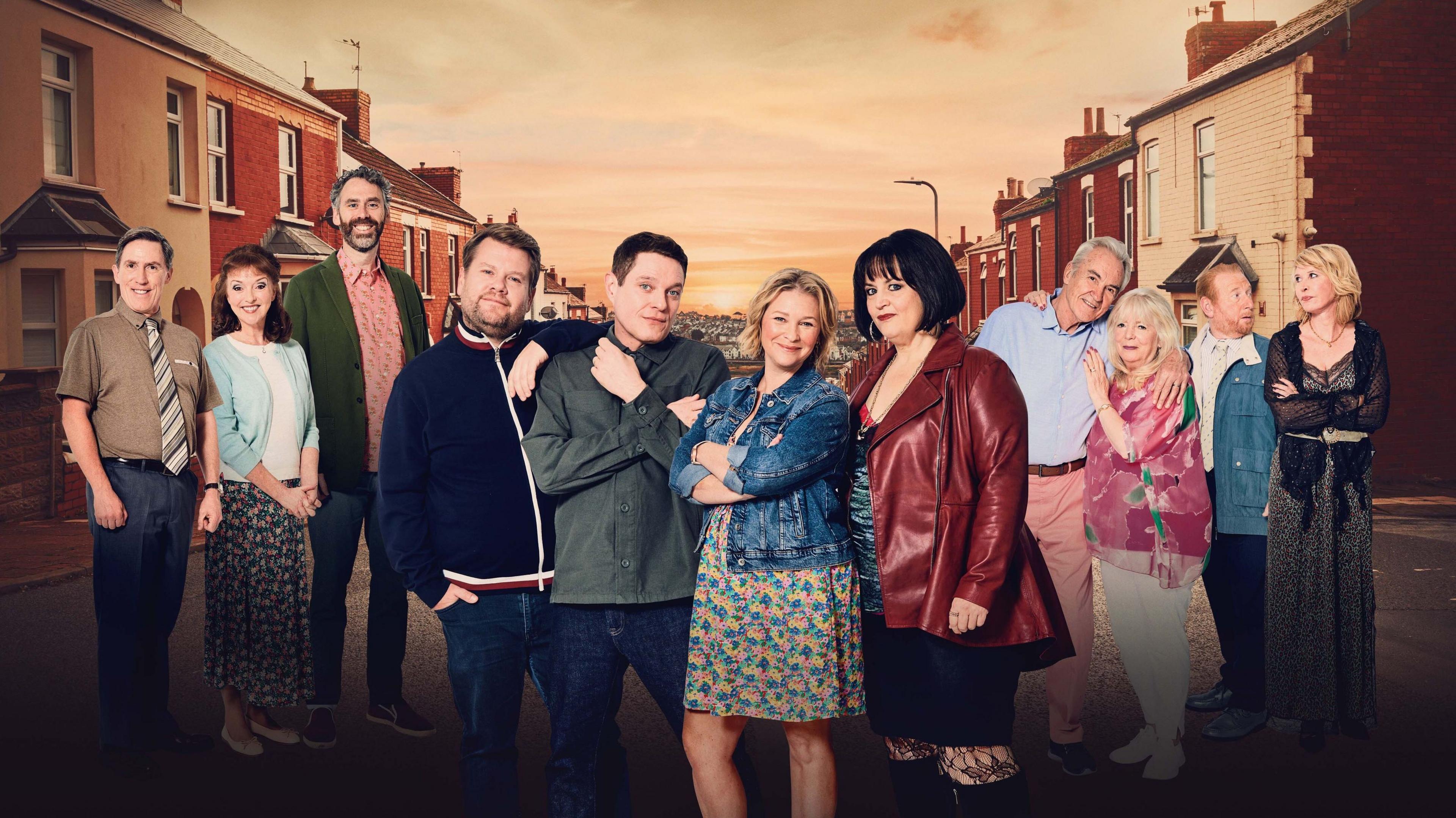 The cast of Gavin and Stacey superimposed on a background of a terraced street in Barry.