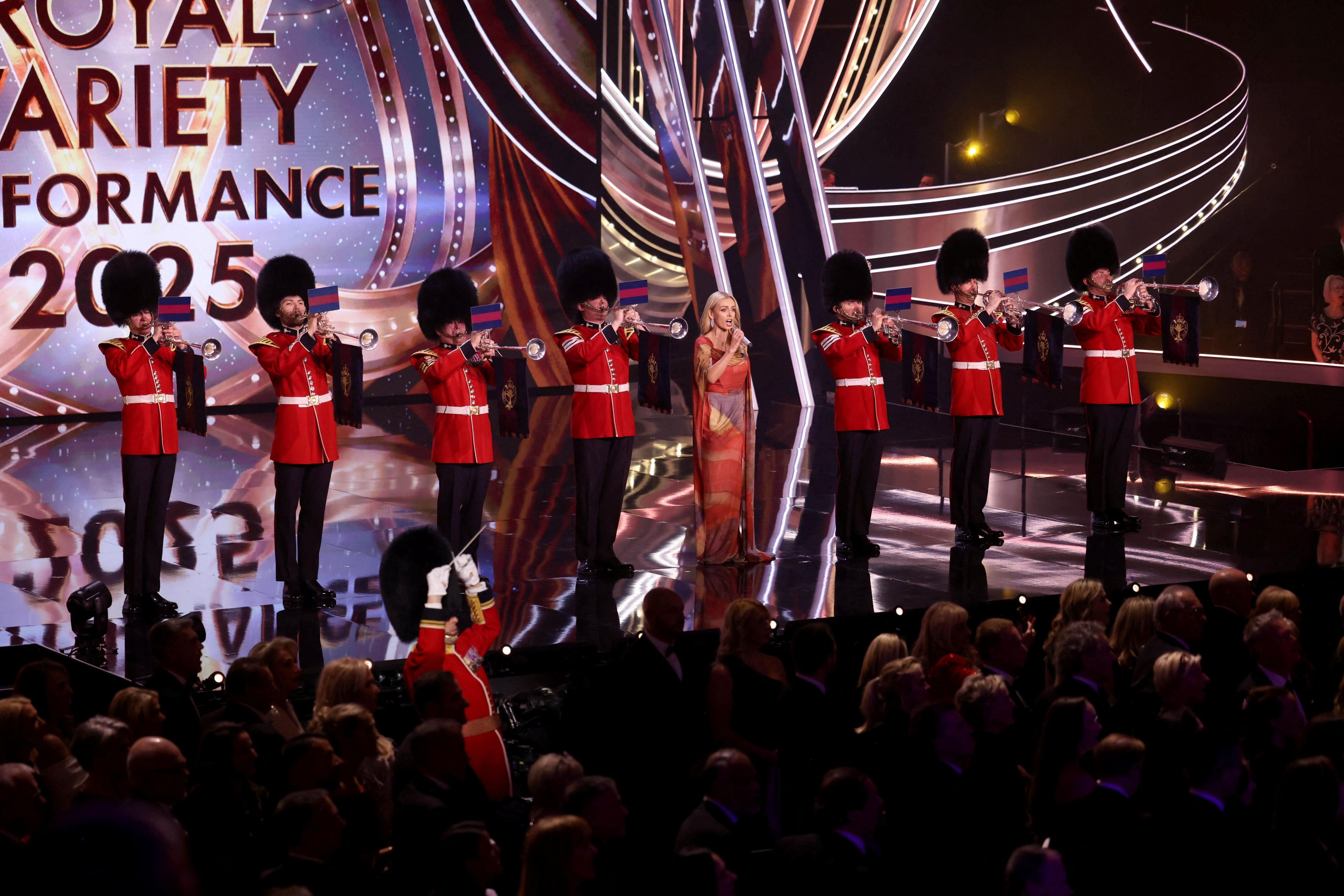 Katherine Jenkins sings the national anthem on stage during the Royal Variety Performance