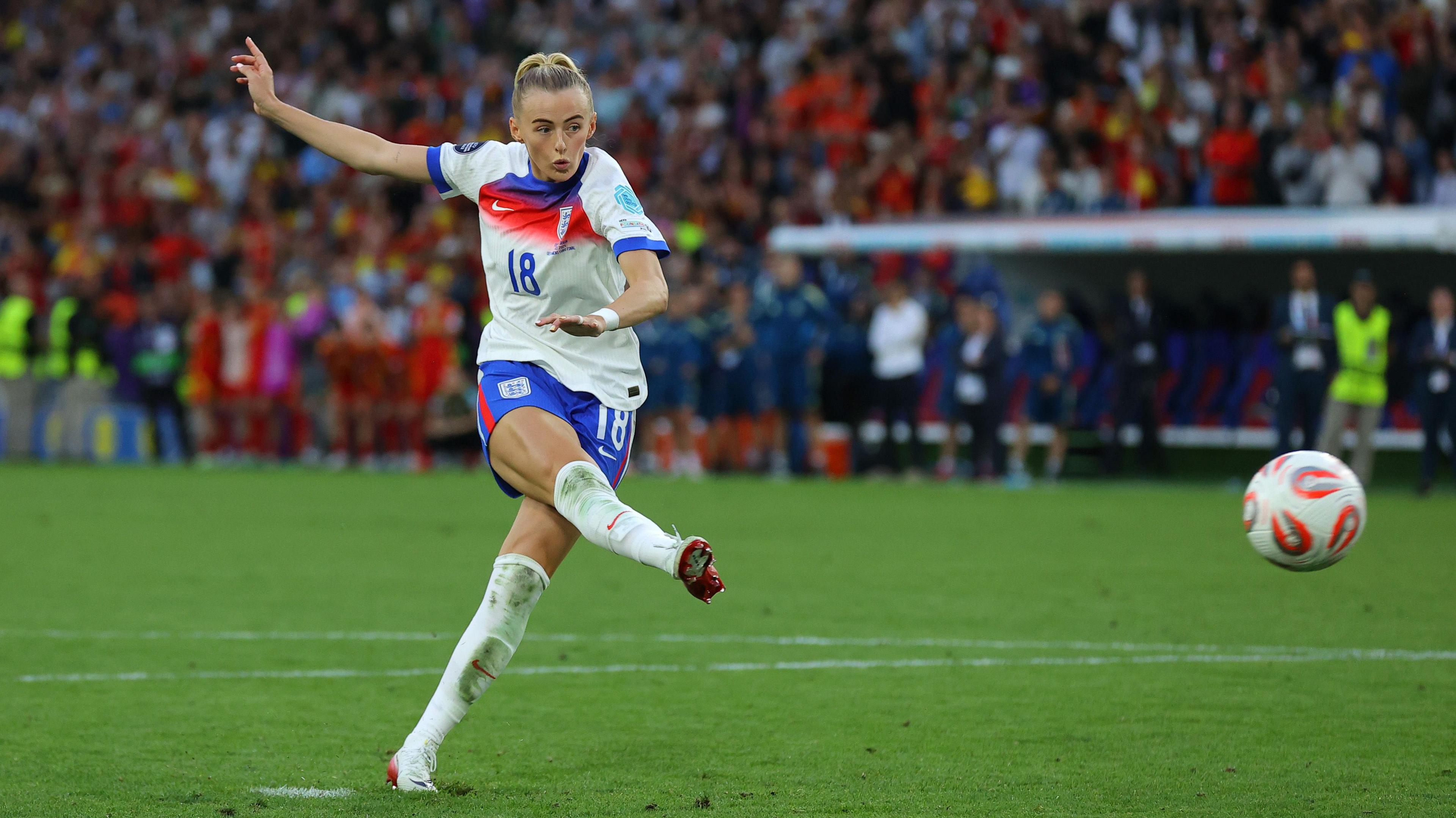 Chloe Kelly kicks the ball, scoring the winning penalty during the penalty shoot out in the Uefa Women's EURO 2025 final match between England and Spain in Basel, Switzerland.
