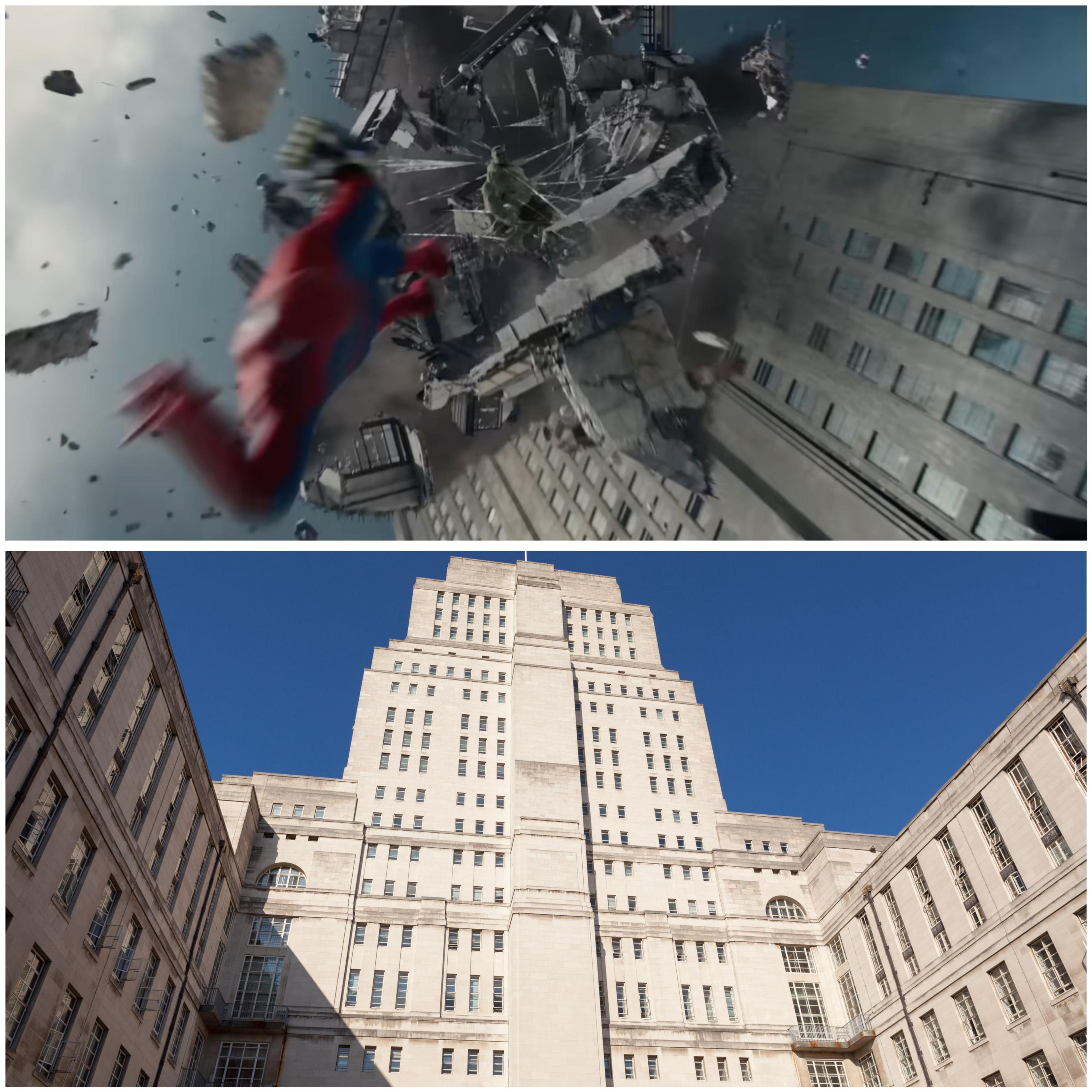 A scee from the movie showing Hulk and Spider-Man falling from a building and Senate House the real life location in London.