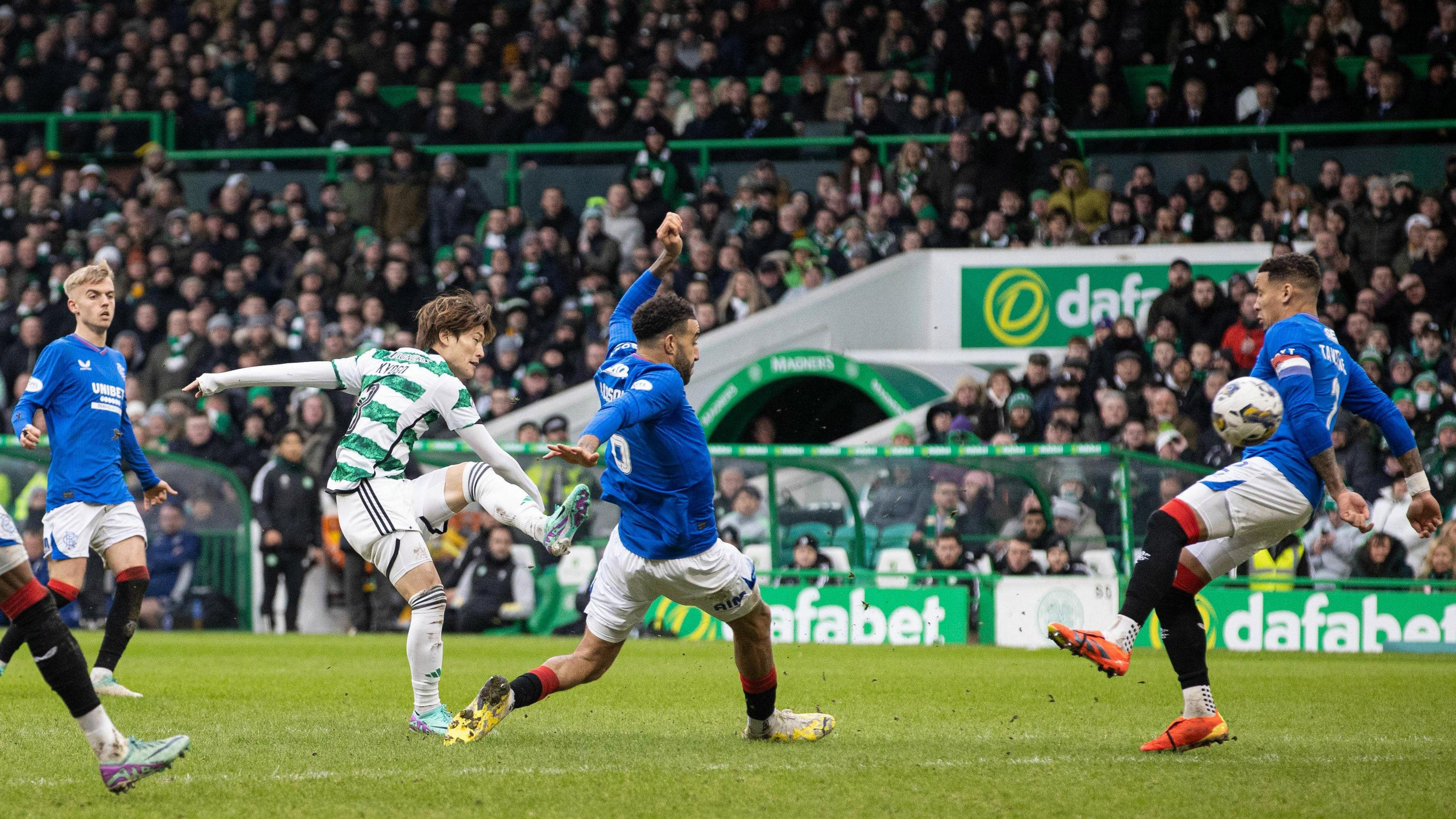 Kyogo Furuhashi scores for Celtic against Rangers in 2023