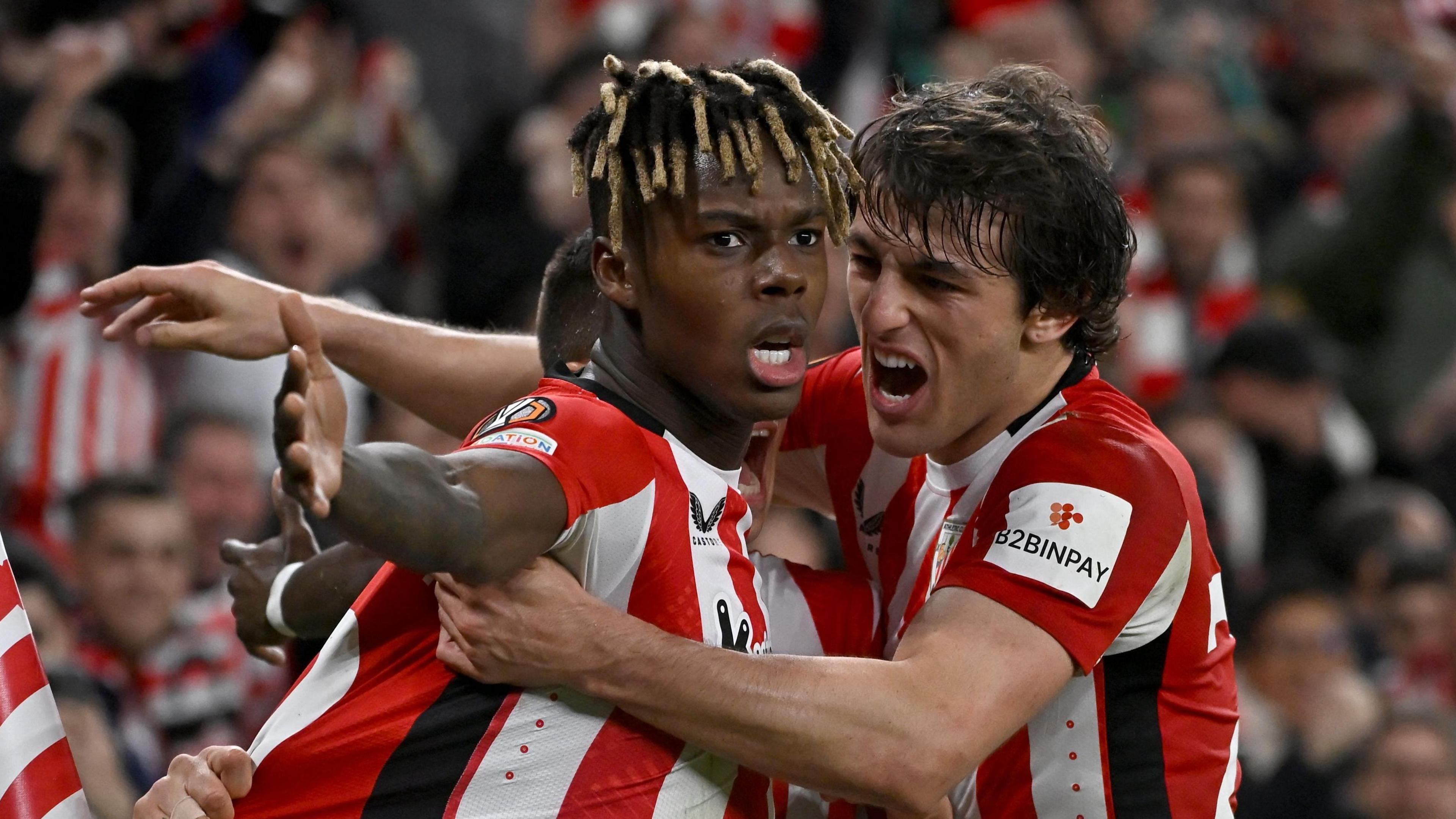 Athletic Bilbao's Nico Williams celebrates a goal against Roma in the Europa League