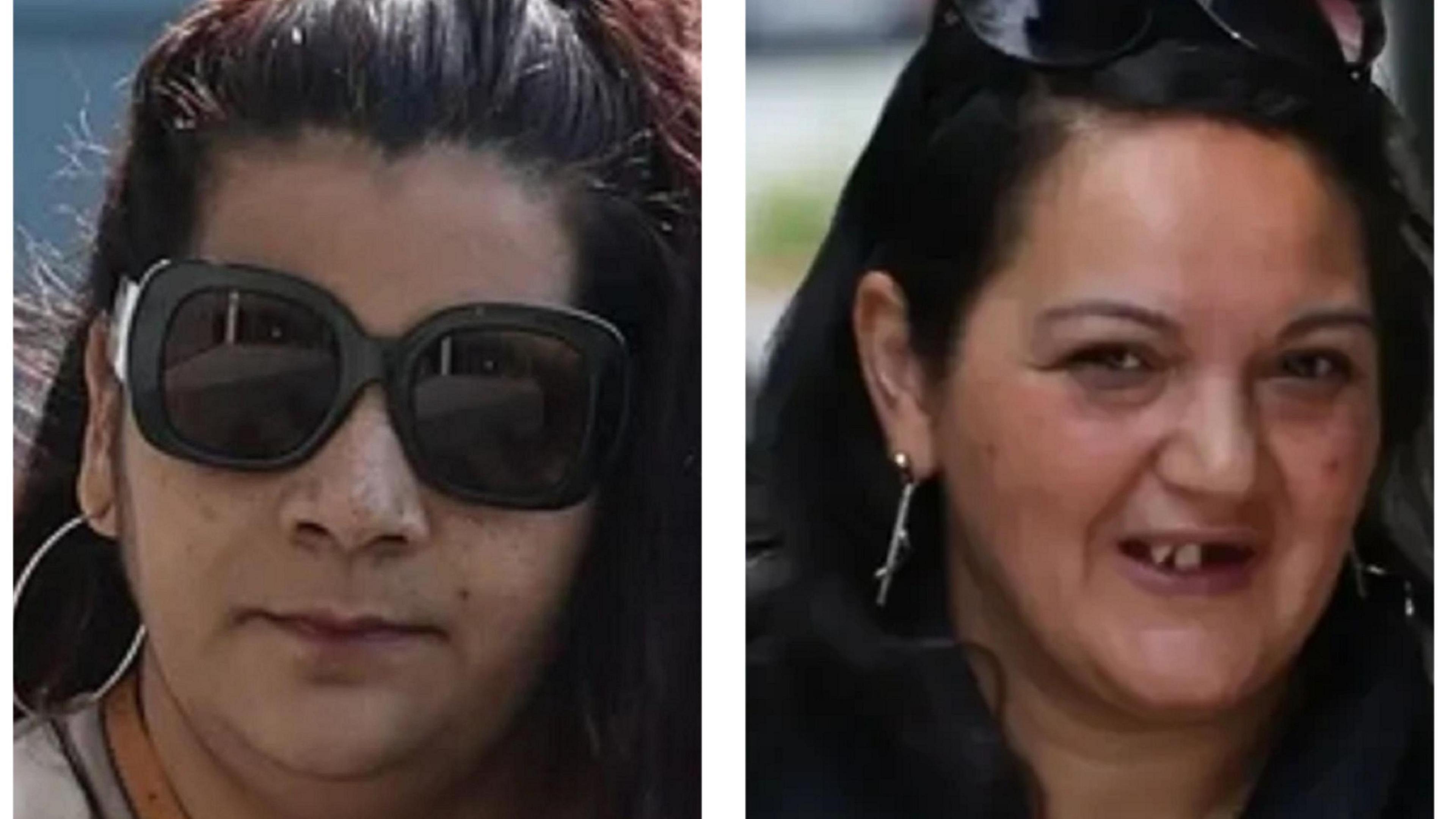 Two separate pictures of the woman are side by side. Jozefina Grundzova has dark hair is wearing large sunglasses. Viera Gaziova also has long dark hair and is gazing at the camera.