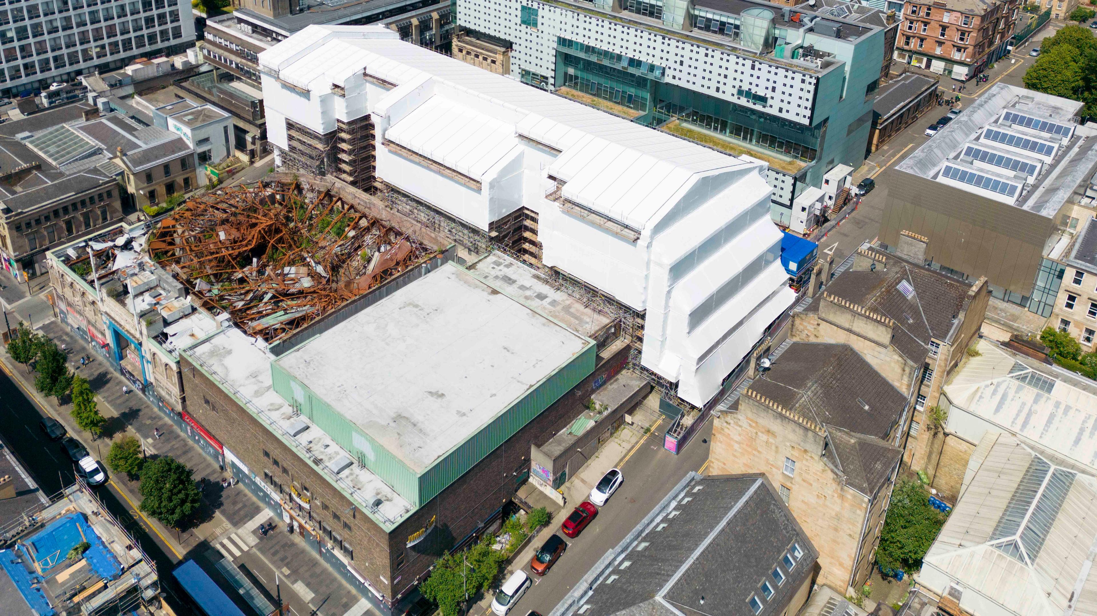 The Mackintosh Building is wrapped in a protective cover