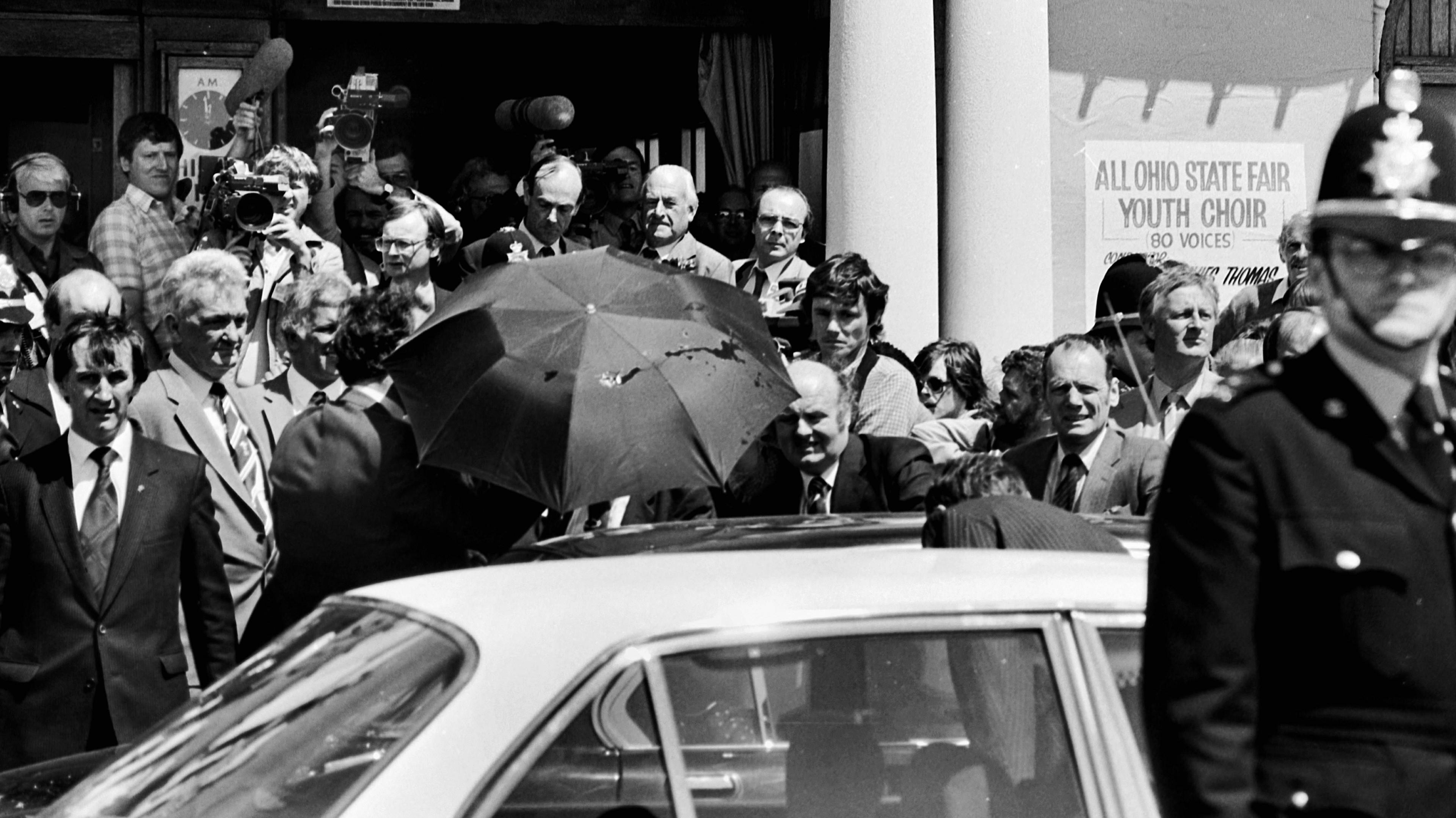 Margaret Thatcher outside the Grand Pavilion in Porthcawl