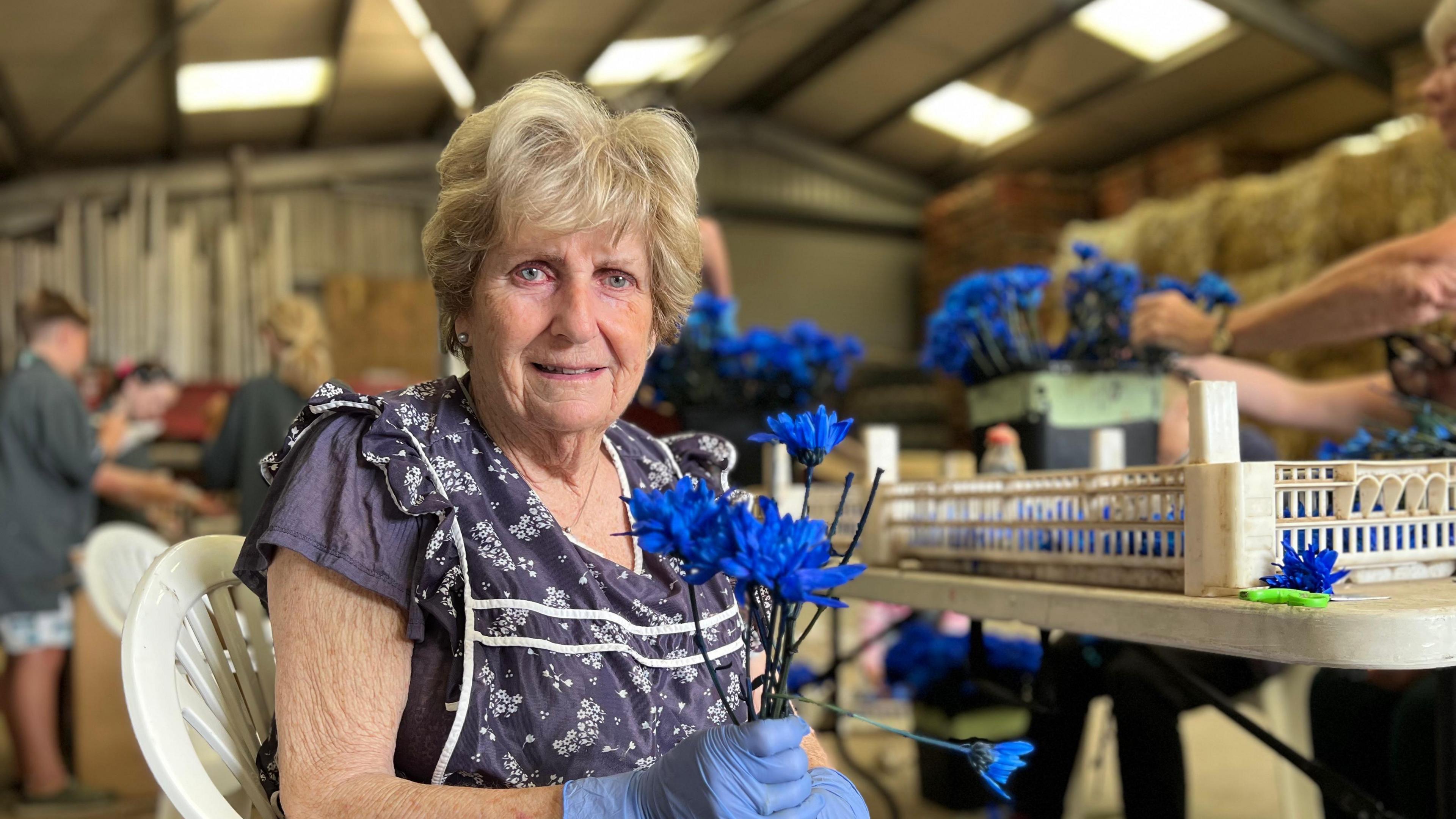 An older woman looking into the camera holding some blue flowers, she's wearing blue surgical gloves and a flowery overall. She's sat in a plastic white chair with white crates of blue flowers to the right. She's in a farming shed with out of focus people picking flowers behind her