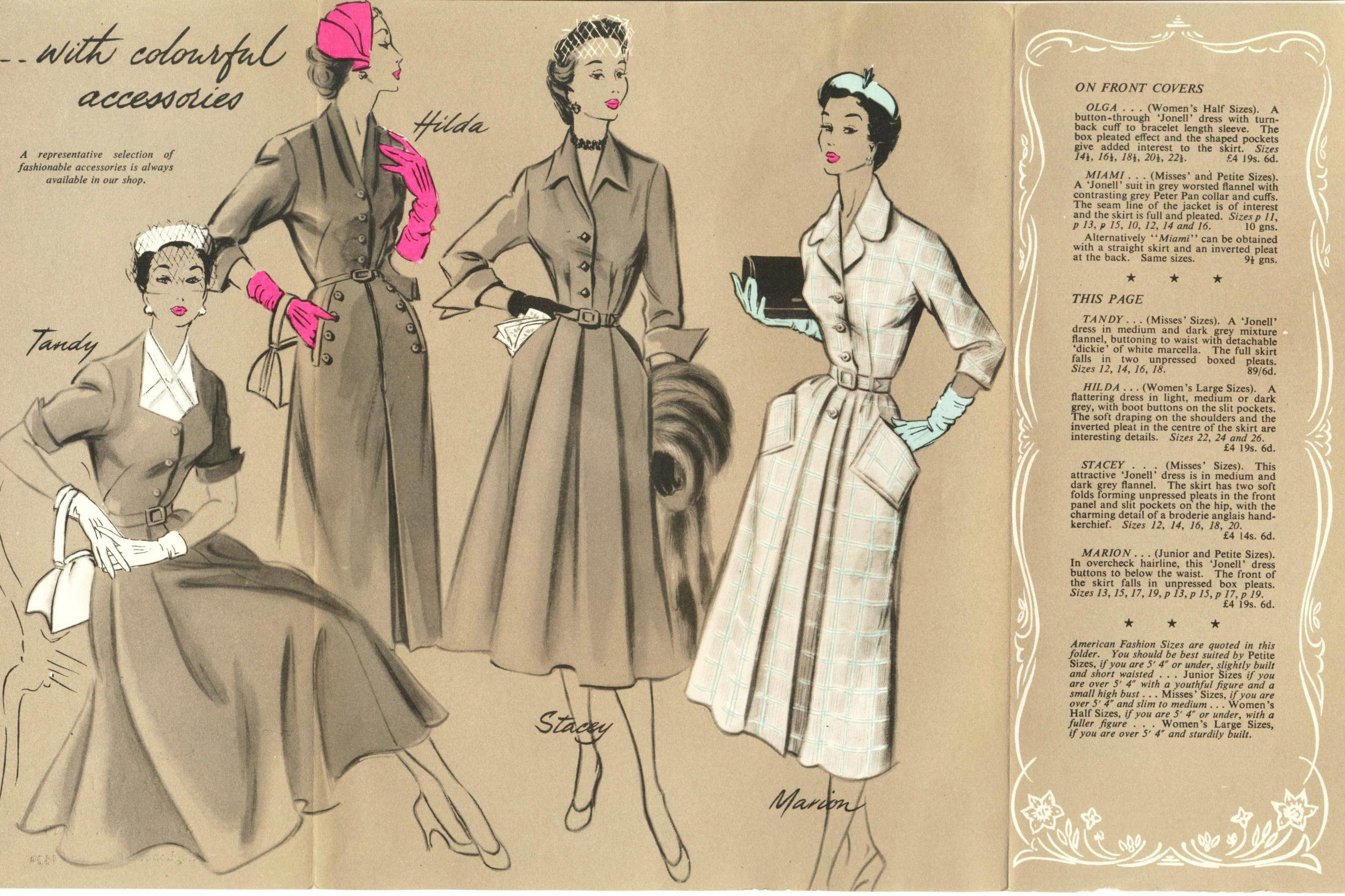 Page from Pratt's catalogue showing new designs of dress for women. It has a tan background and chalk drawings of various small-waisted women wearing outfits 