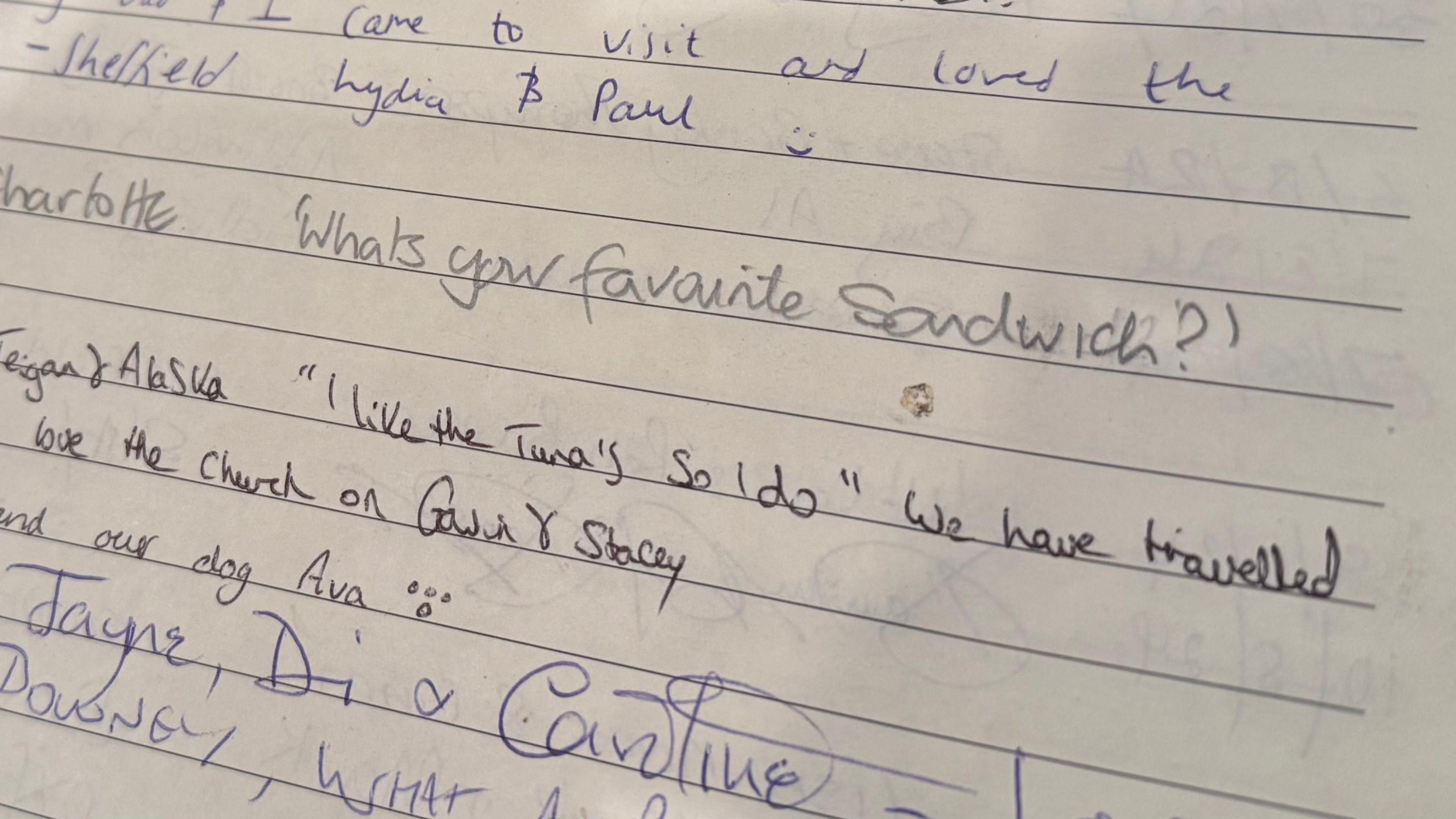 An entry in the church visitors book saying "I like the tunas, so i do "  from fans who drove for three hours to visit the church