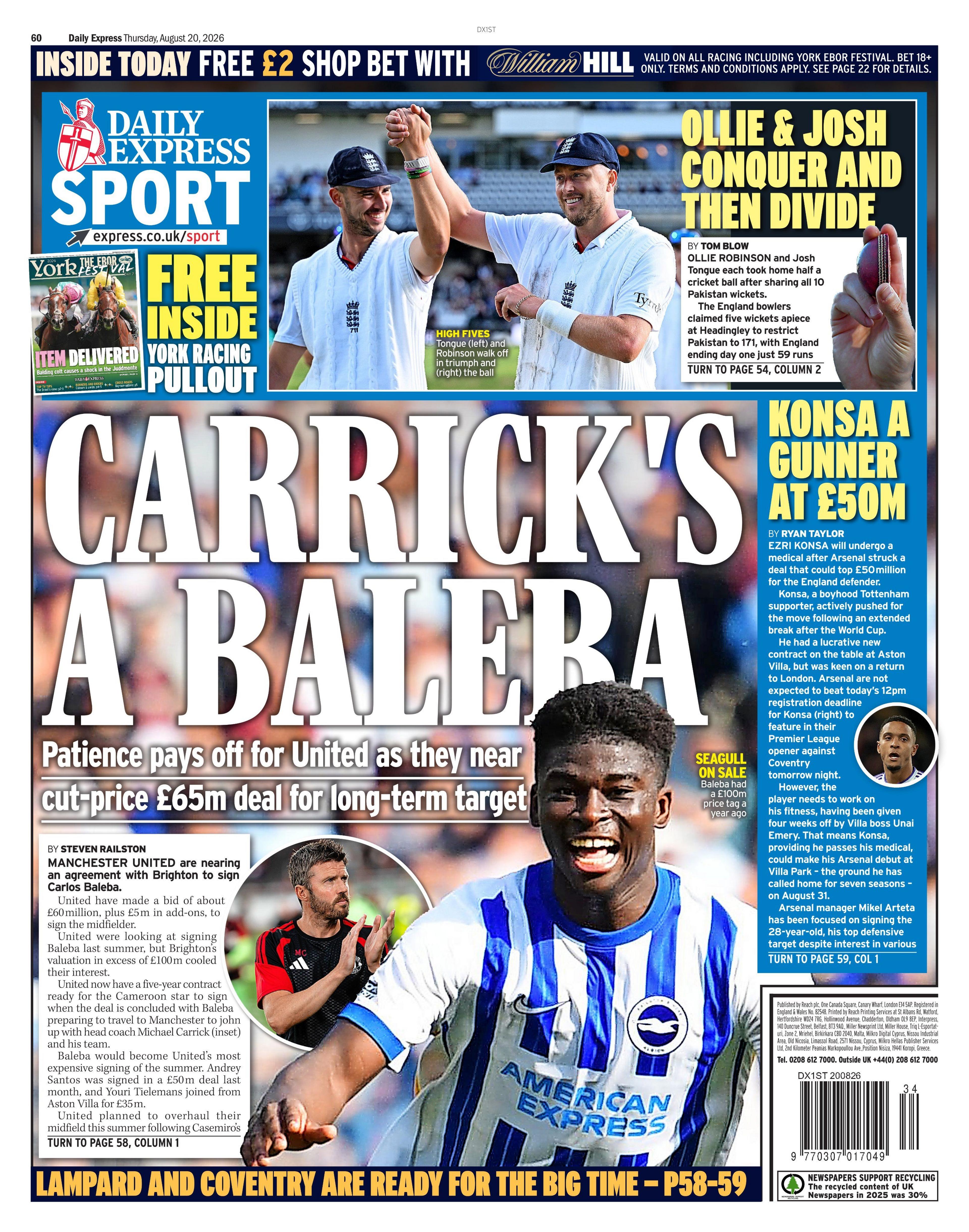 Back page of the Daily Express on 20 August 2026