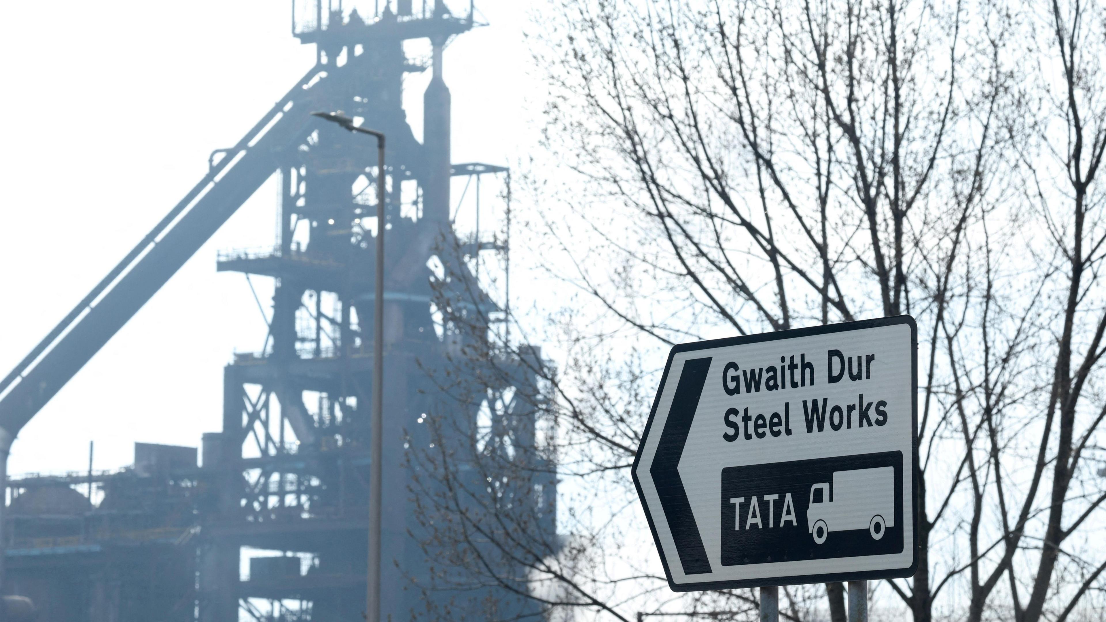 A sign showing the Tata Steel works in Port Talbot. 