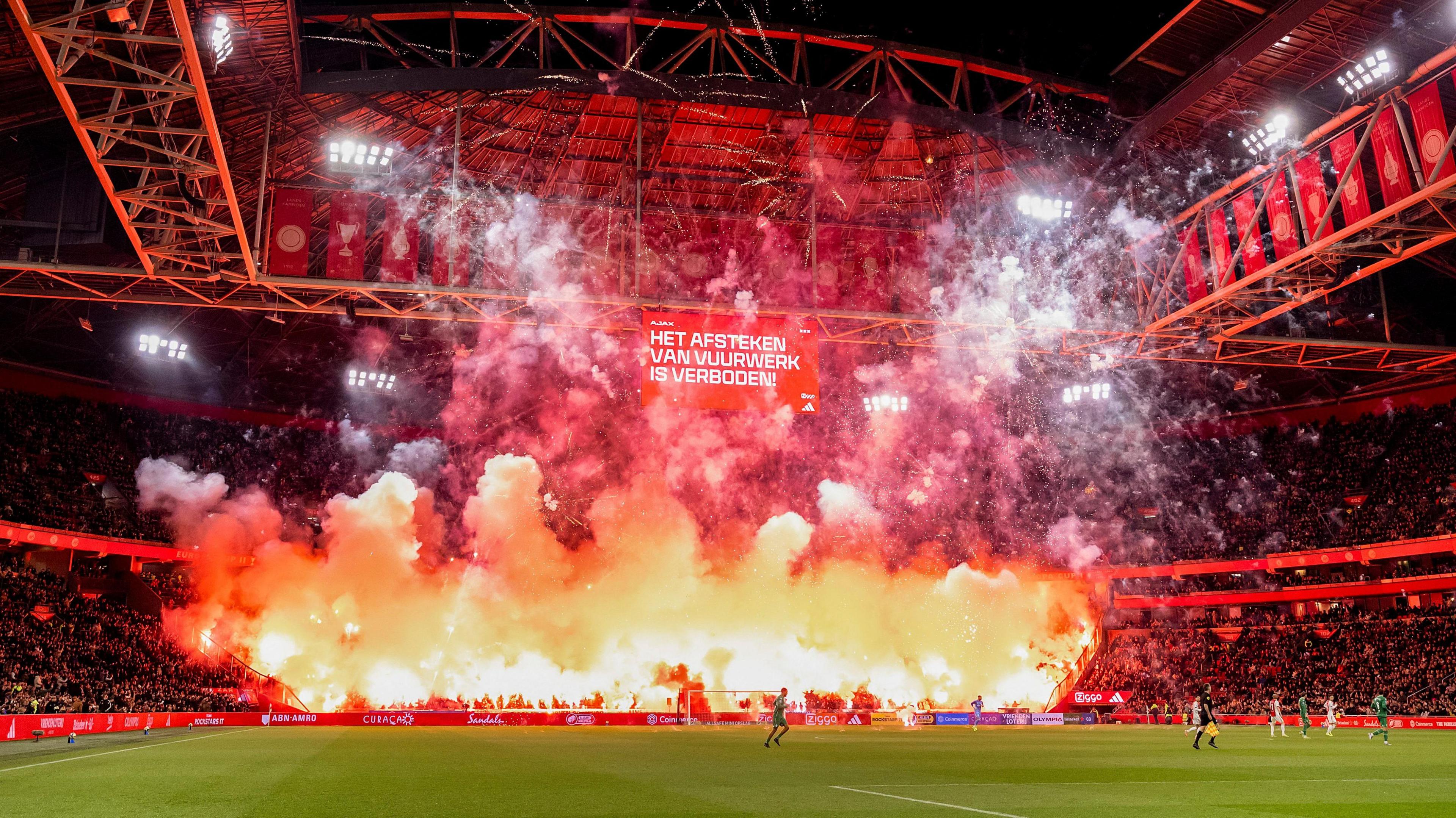 Flares and fireworks set off at the Johan Cruyff Arena in Amsterdam