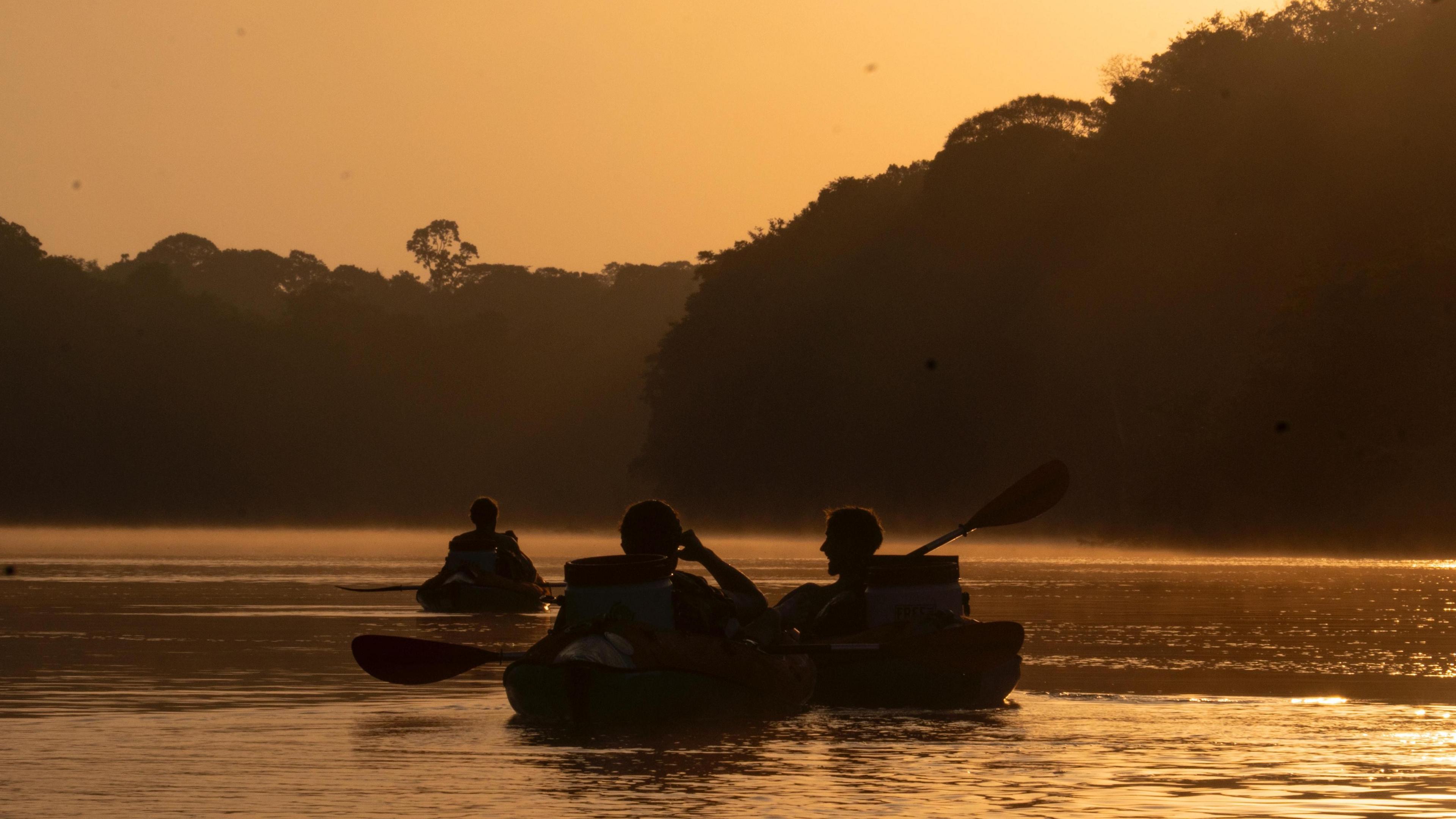 Ash and two team members on the water in kayaks in twilight. The sky is yellow-brown and reflects onto the water, and the rainforest is dark.