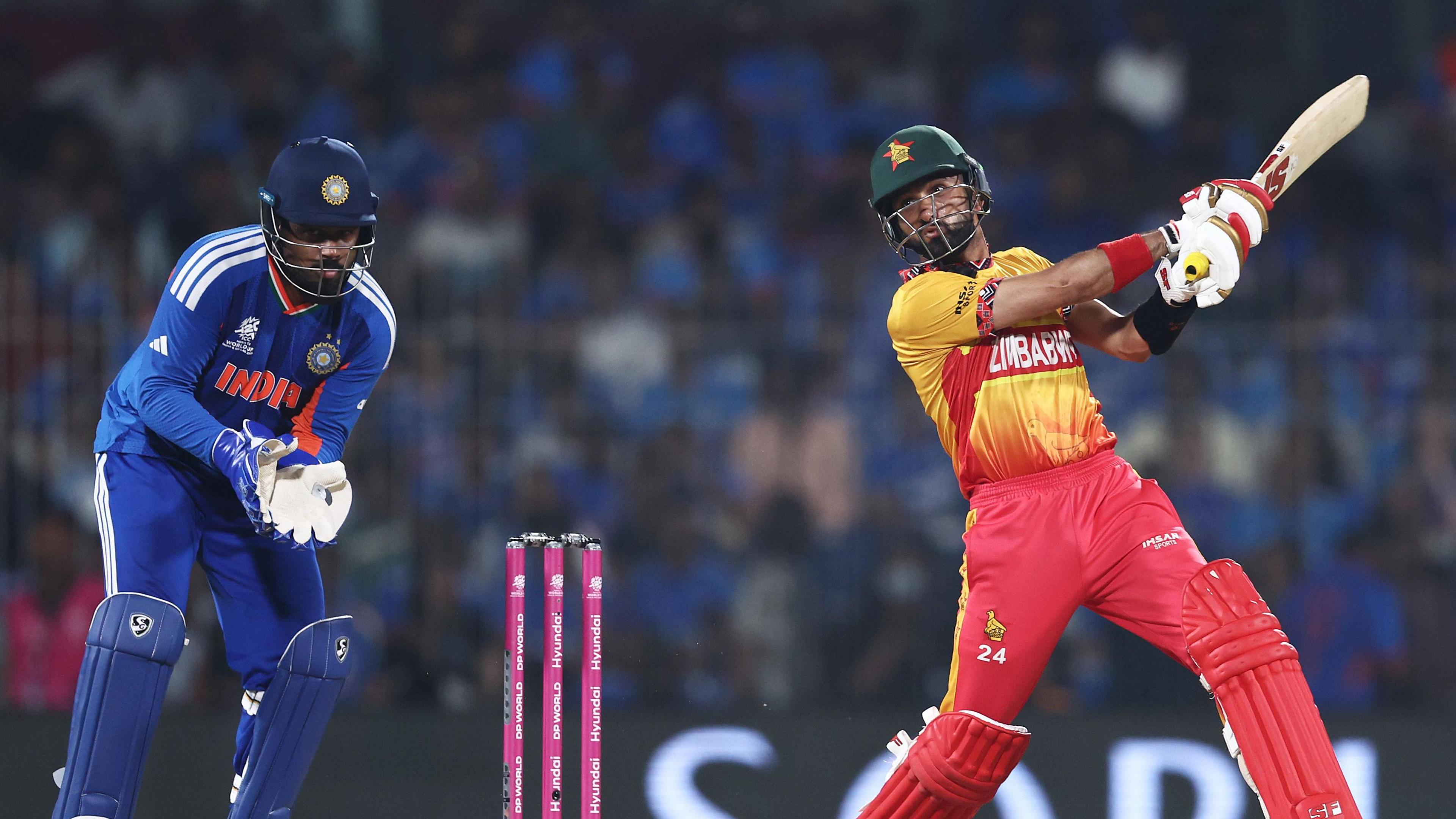 Zimbabwe's Sikandar Raza hits out in a T20 World Cup game against India earlier in 2026