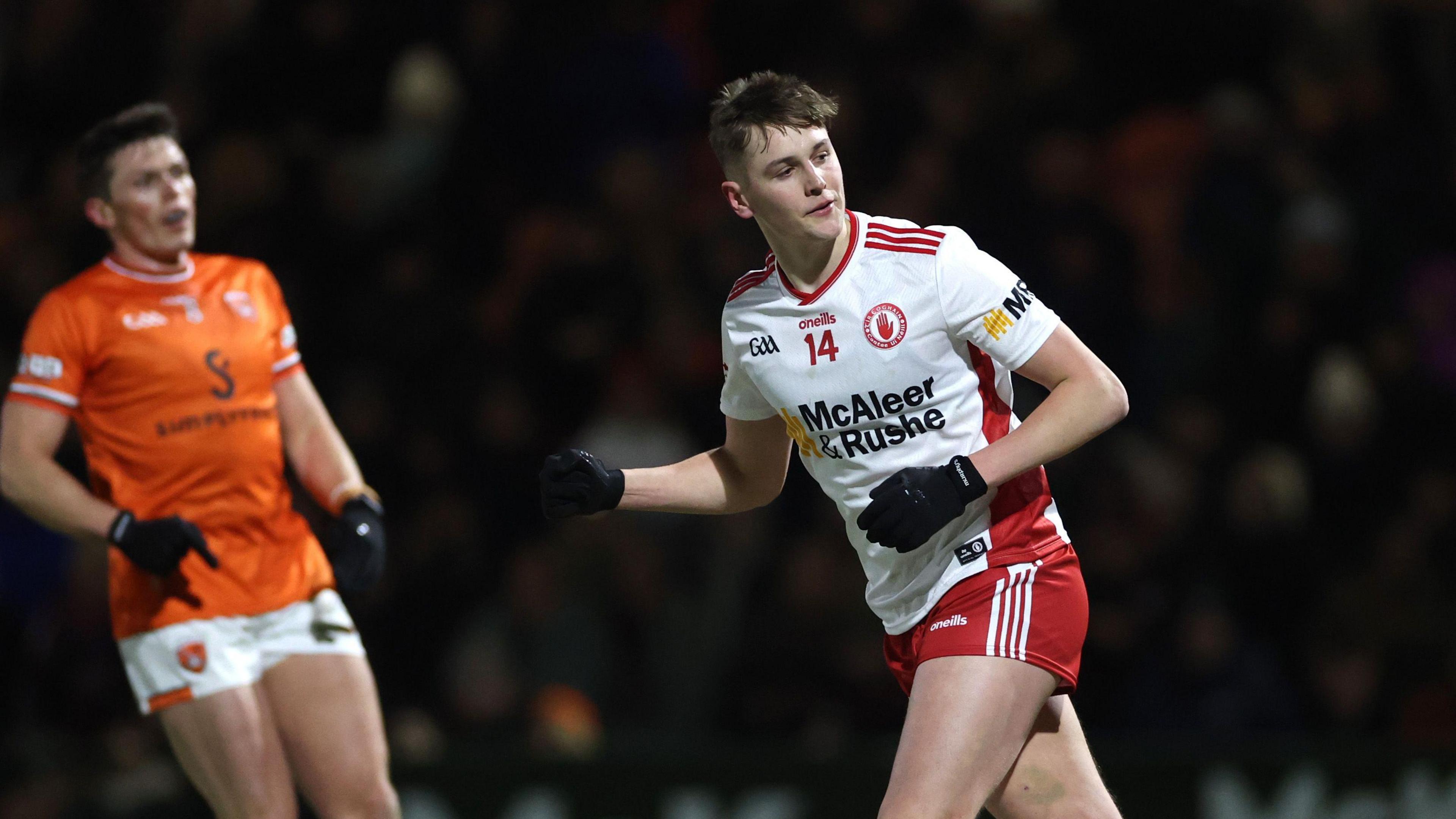 Lorcan McGarrity celebrates scoring Tyrone's first goal 