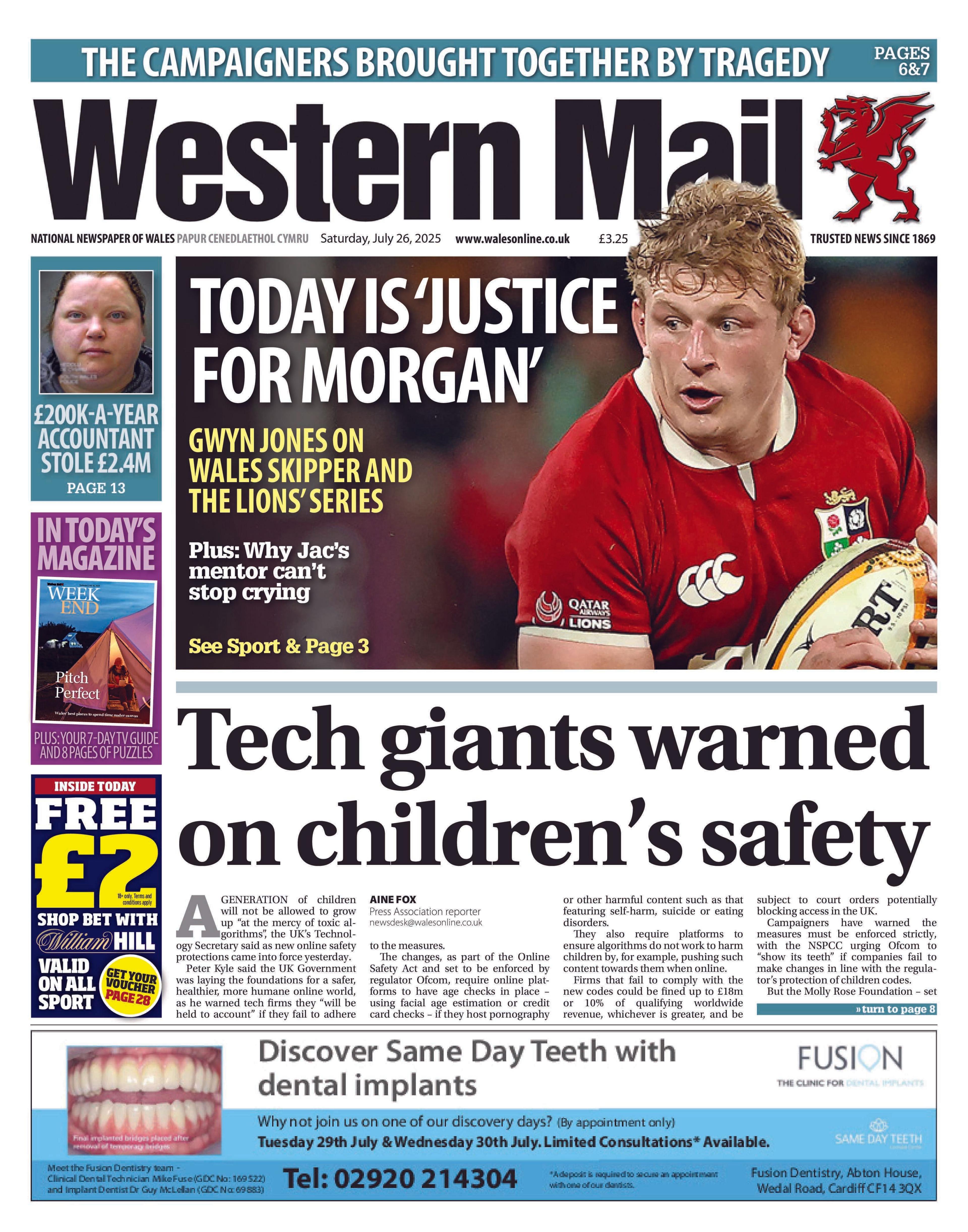 The front page of the Western Mail. Main headline: Tech giants warned on children's safety. Other headline: Today is 'justice for Morgan'. It sits on a photo of Wales rugby union player, Jac Morgan.