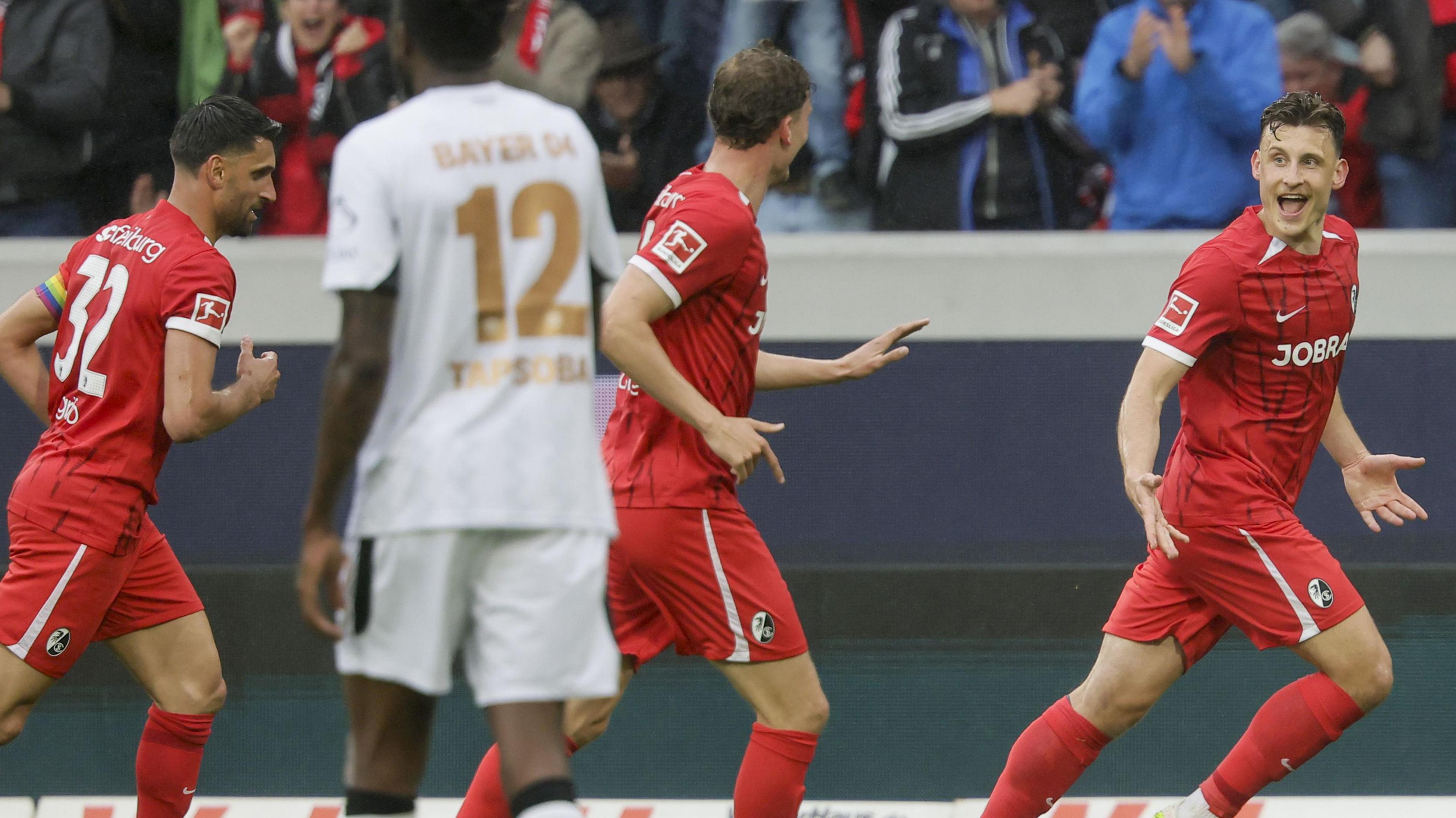 Freiburg's Maxi Eggestein celebrates scoring against Bayer Leverkusen