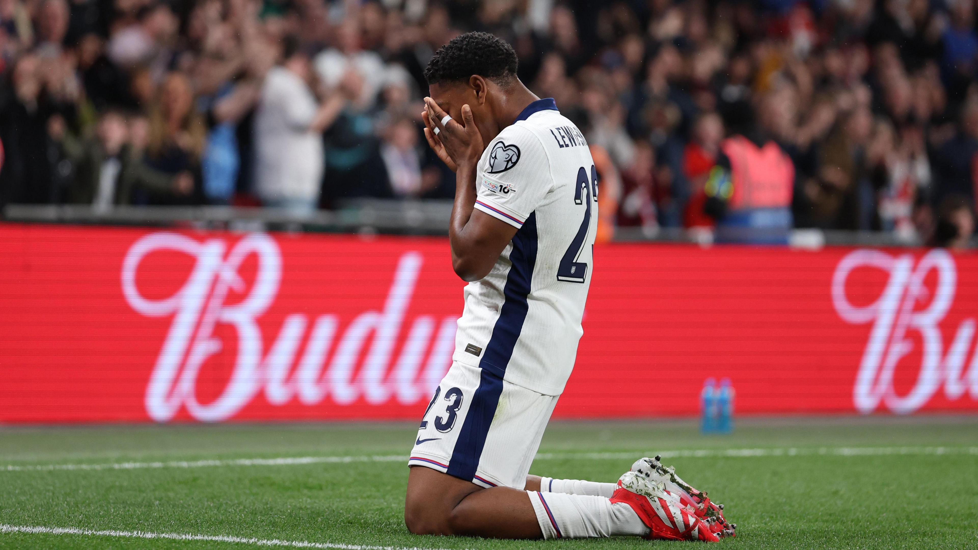 Myles Lewis-Skelly celebrates after scoring for England against Albania