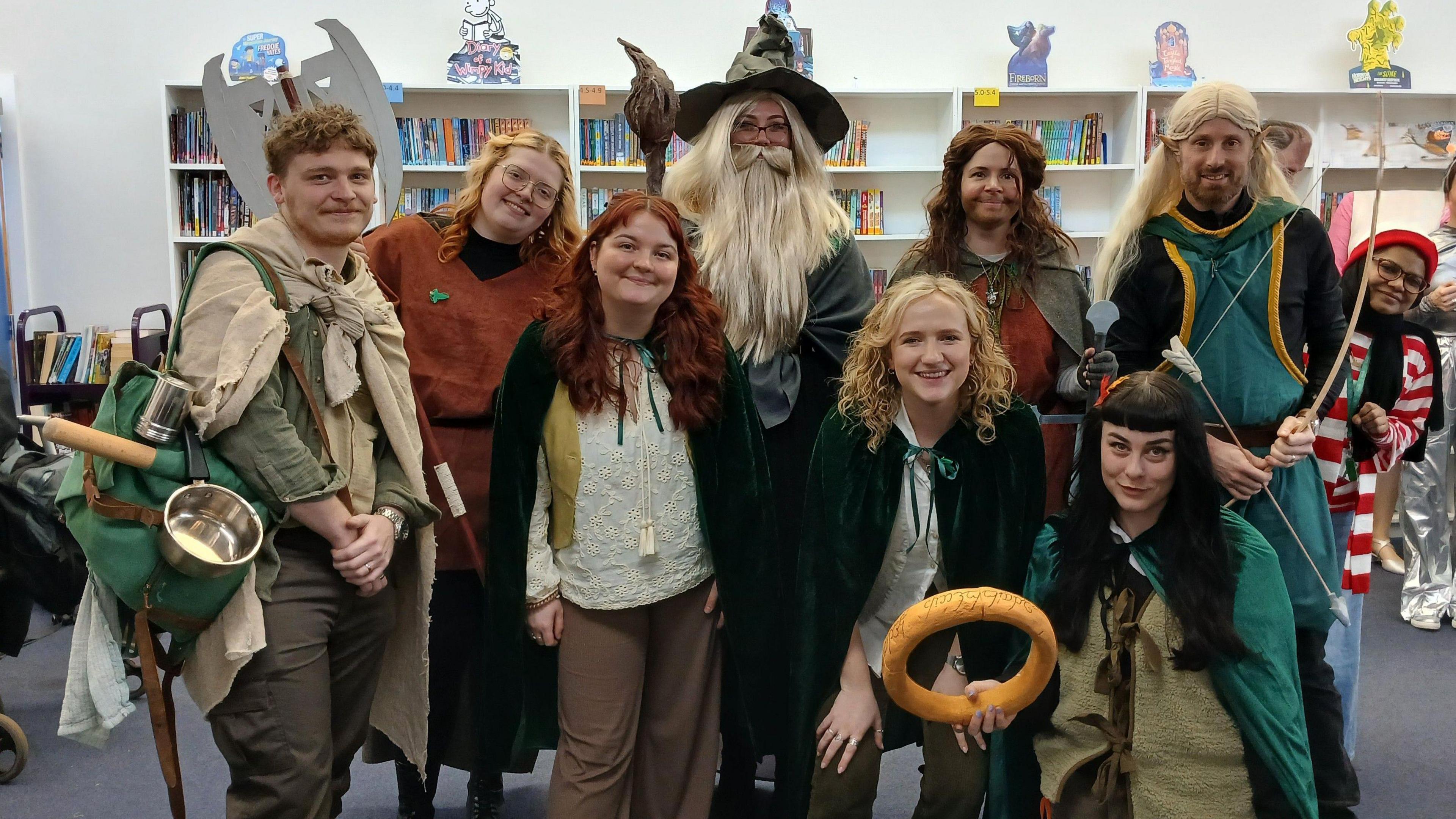 A group of teachers at Sir Bernard Lovell Academy dressed as Lord of the Rings characters including Gandalf, the hobbits and Legolas, for World Book Day