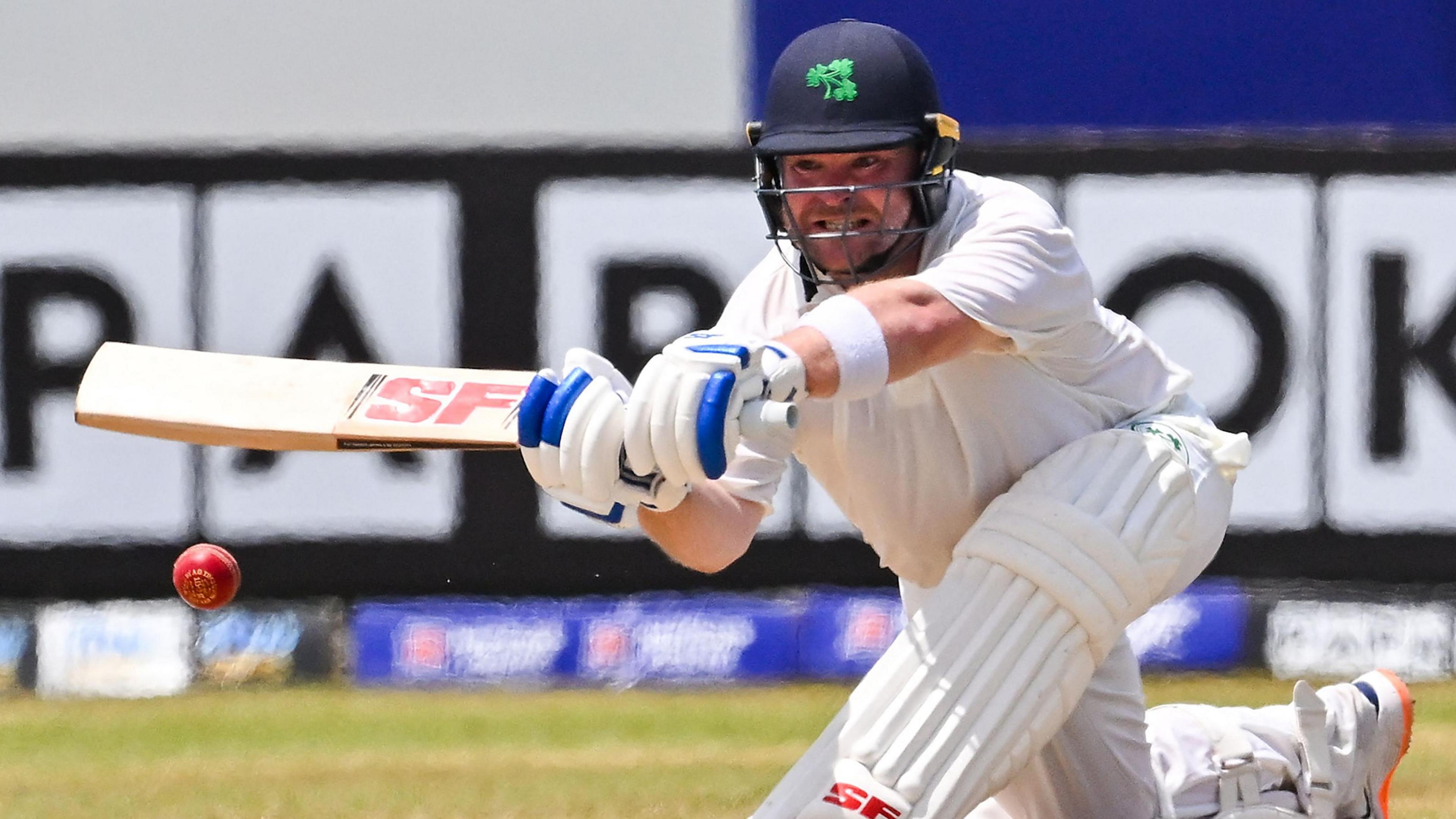 Ireland's Paul Stirlin plays a shot against Sri Lanka at Galle