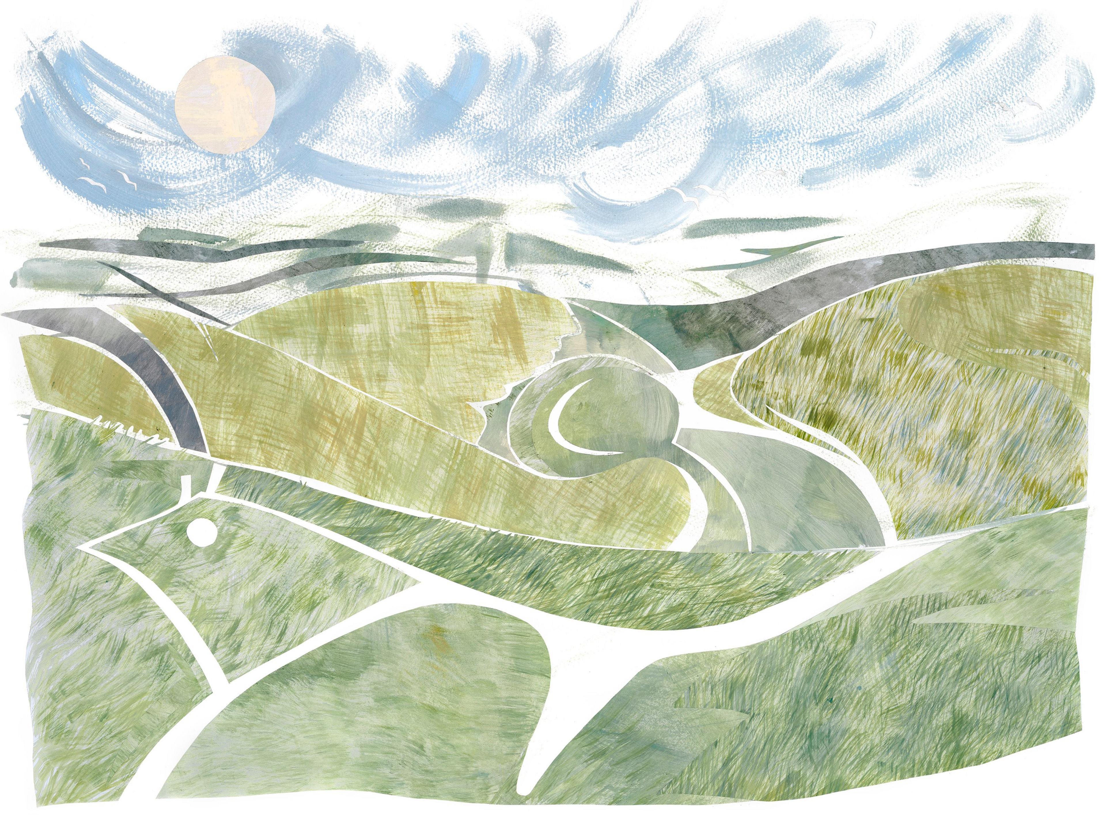 Painted collage depiction of the Uffington White Horse and the hills that surround it.