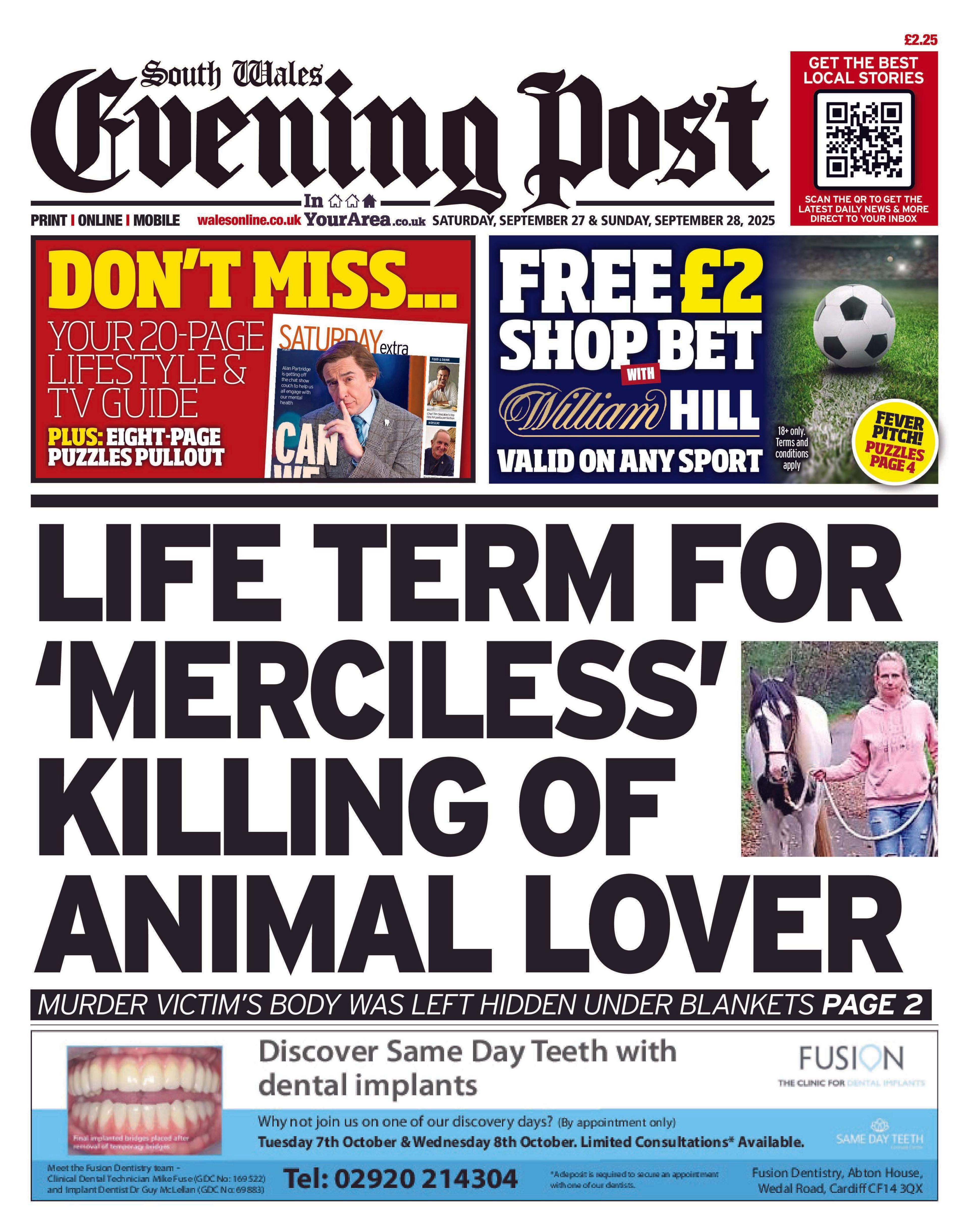 Front page South Wales Evening Post. Main headline reads: "Life term for 'merciless' killing of animal lover": Murder victim's body was left hidden under blankets.