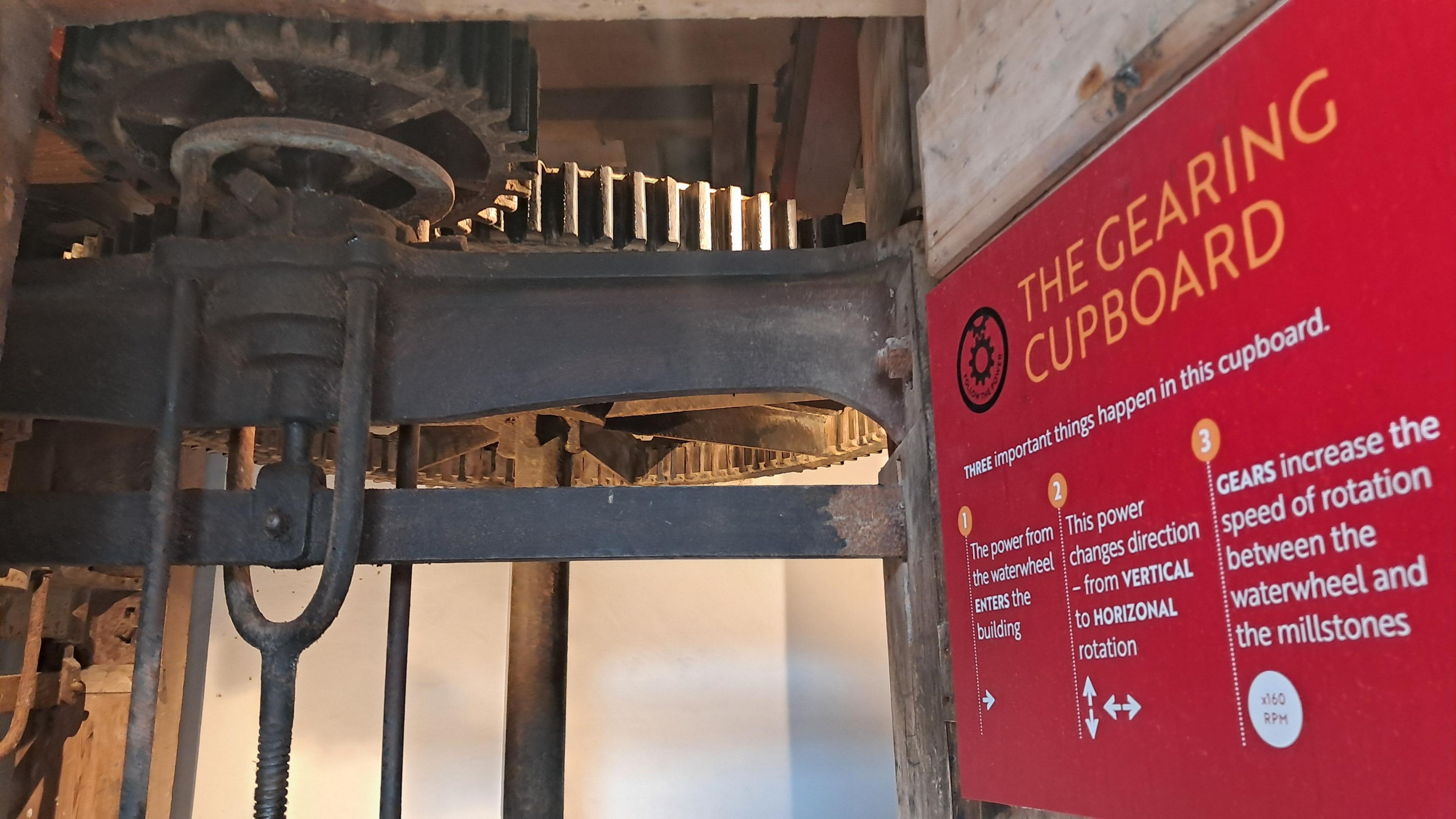 Metal interlocking cogs and wheels and a red sign explaining the process of using flowing water to power the millstones