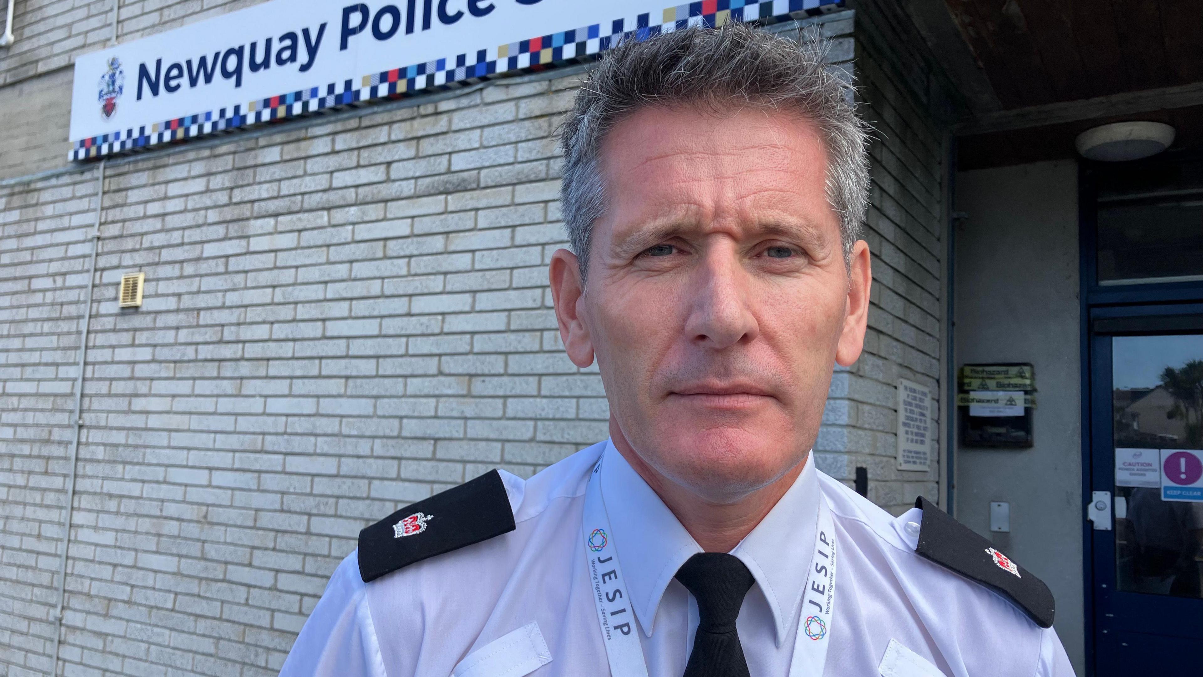 Russell Dawe, Police silver commander for Boardmasters, standing on front of Newquay Police Station