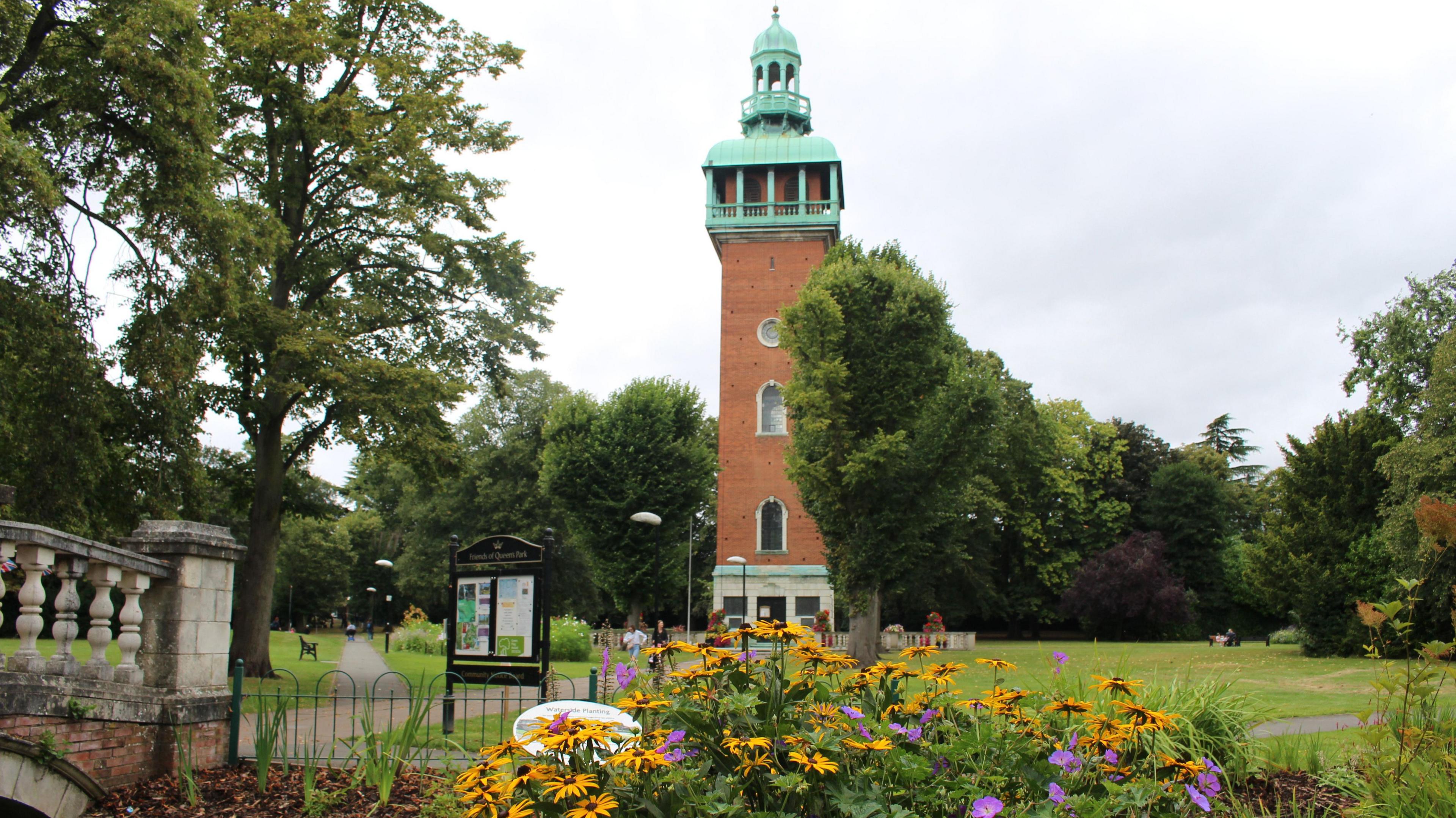 Flowers in Queen's Park, Loughborough, with the Carillon Tower in the background