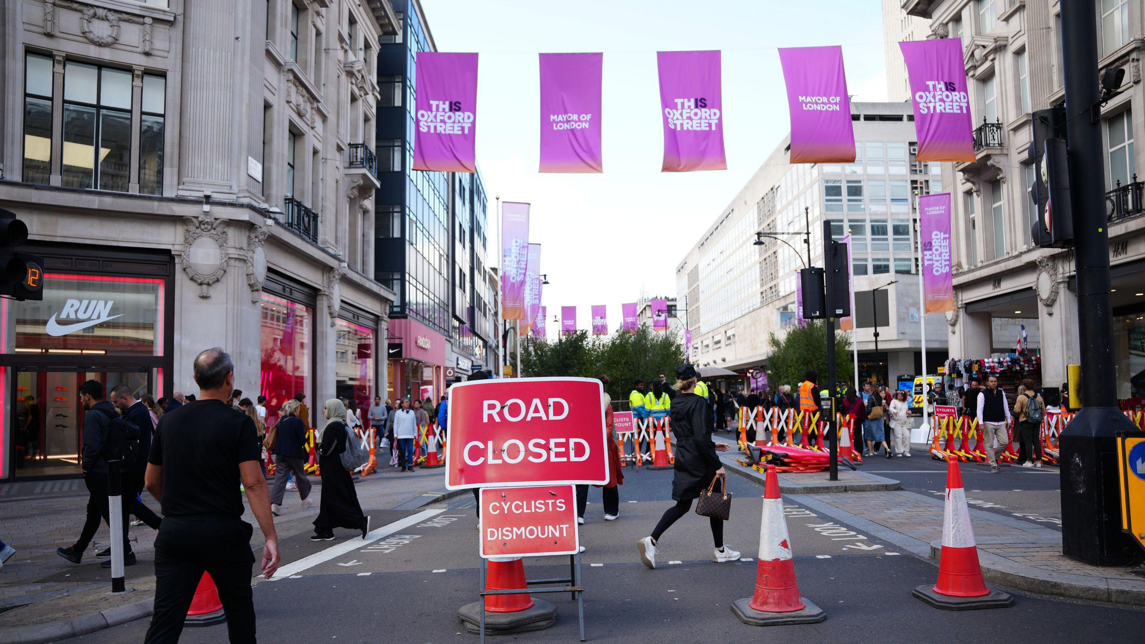 A view of Oxford Street in central London, as vehicles have been prohibited from accessing a half-mile stretch of the road from Oxford Circus to Orchard Street between noon and 8pm for the event called This Is Oxford Street, to showcase Mayor of London Sir Sadiq Khan's pedestrianisation plan